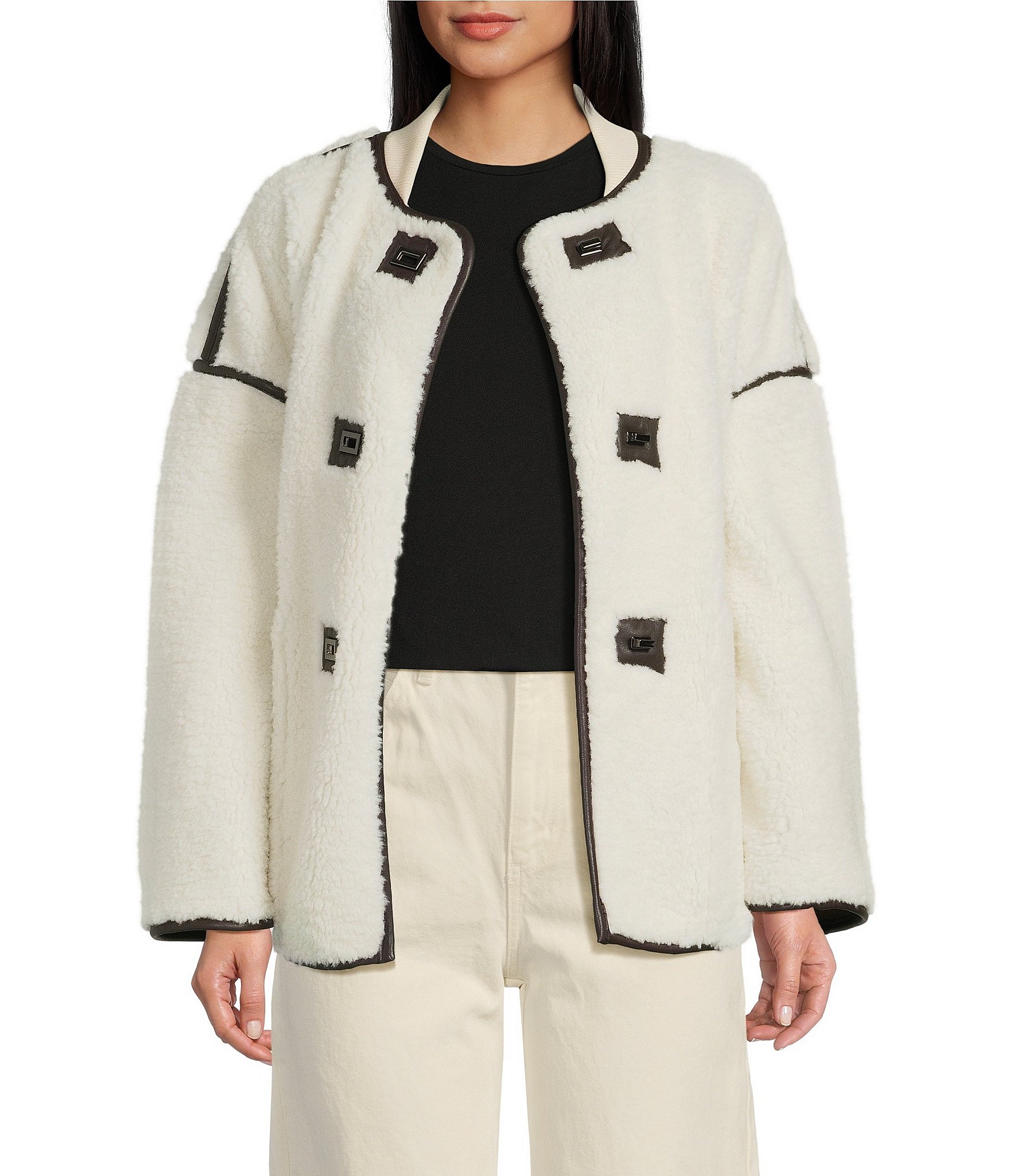 Le' AL.X Shearling Contrast Trim Crew Neck Long Sleeve Button Front Mid Length Bomber Jacket