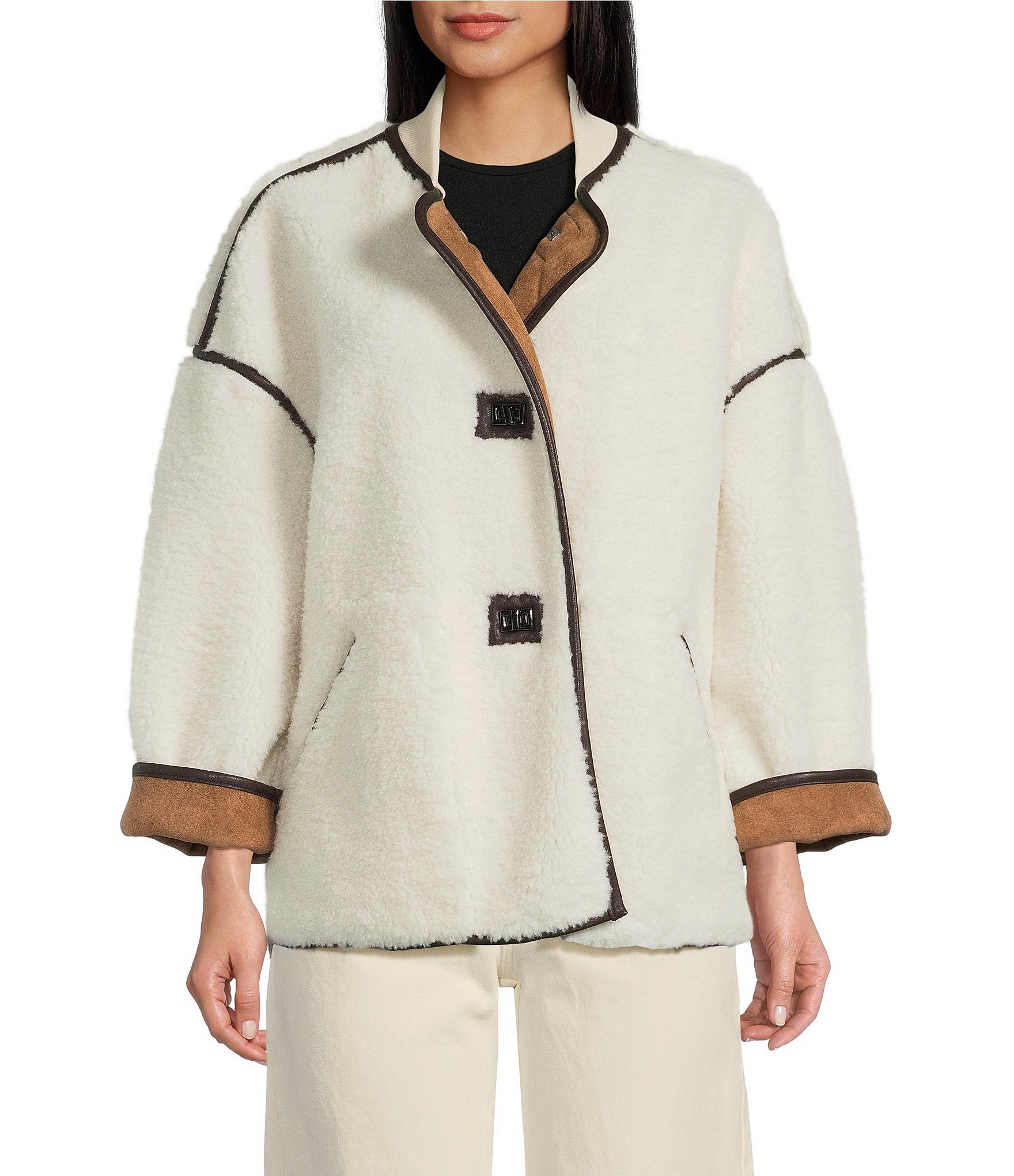 Le' AL.X Shearling Contrast Trim Crew Neck Long Sleeve Button Front Mid Length Bomber Jacket