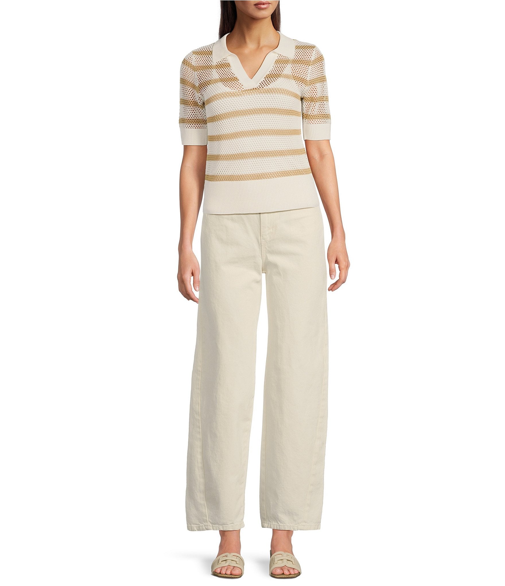 Le' AL.X Stripe Knit Wide Mesh Polo Collar V-Neck Short Rugby Top