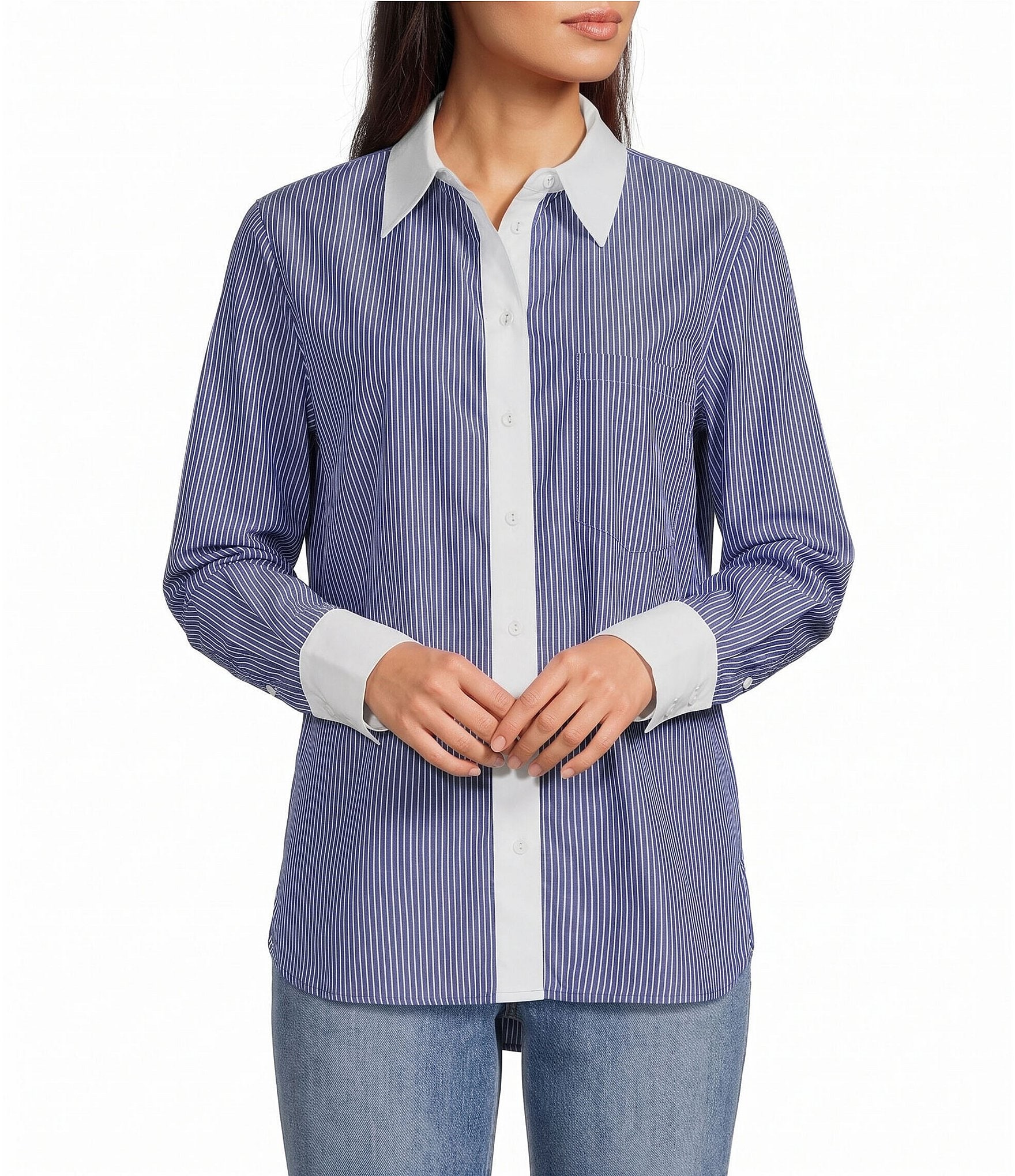 Le' AL.X Striped Collared Long Sleeve Button Down Top