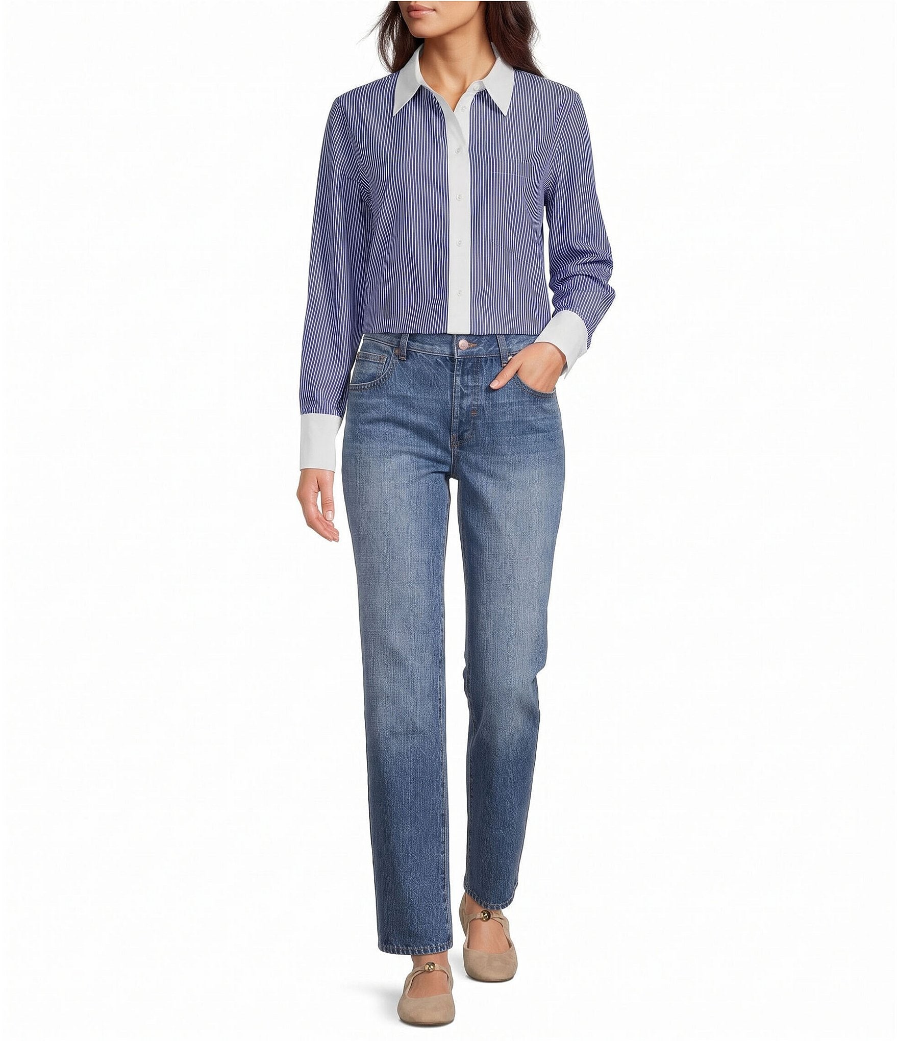 Le' AL.X Striped Collared Long Sleeve Button Down Top