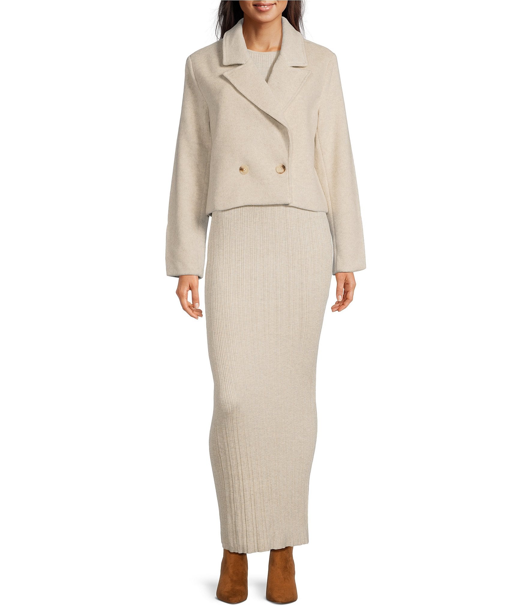 Le' AL.X Wool Blend Woven Notch Lapel Long Sleeve Button Front Cropped Coordinating Blazer