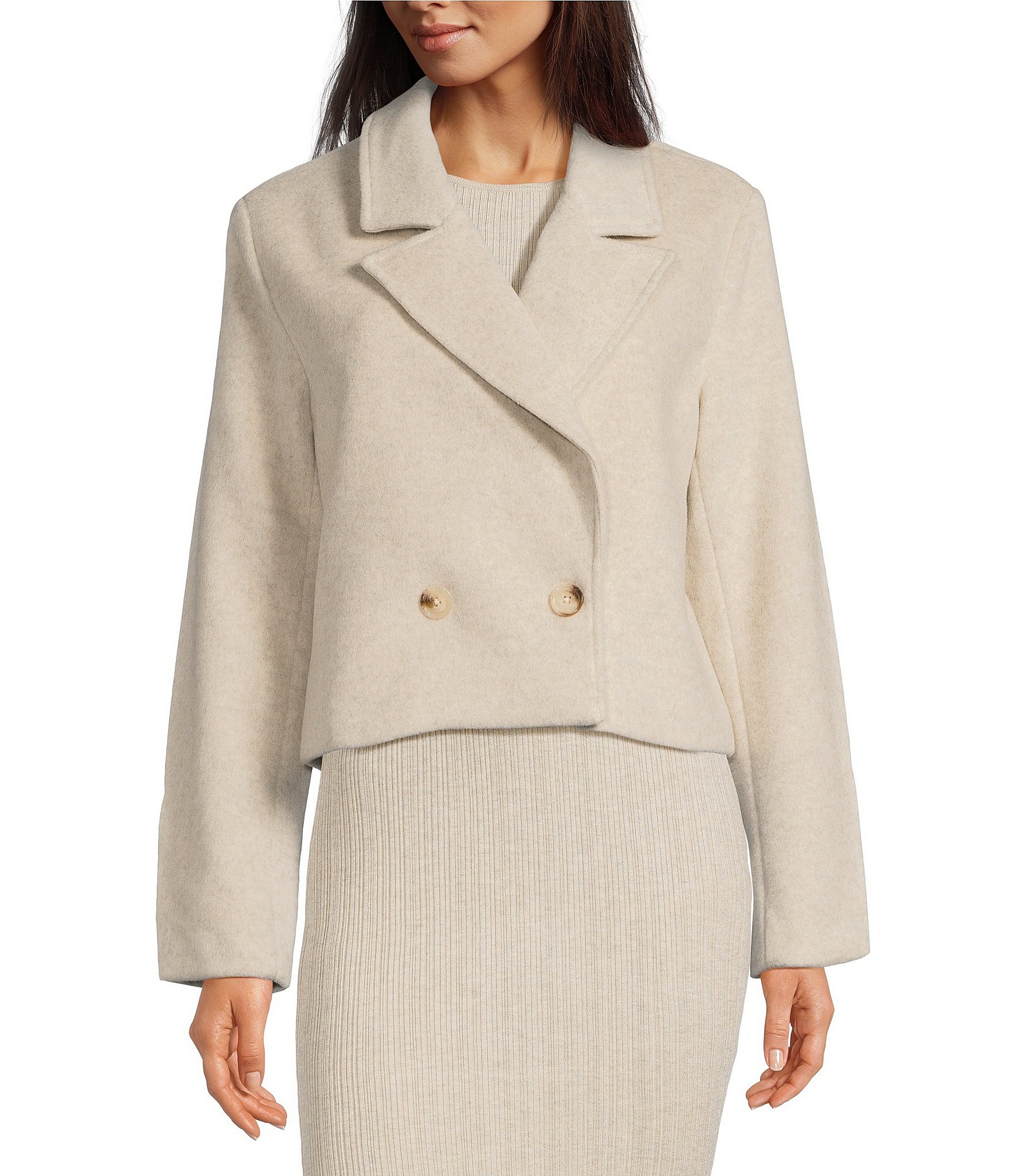 Le' AL.X Wool Blend Woven Notch Lapel Long Sleeve Button Front Cropped Coordinating Blazer