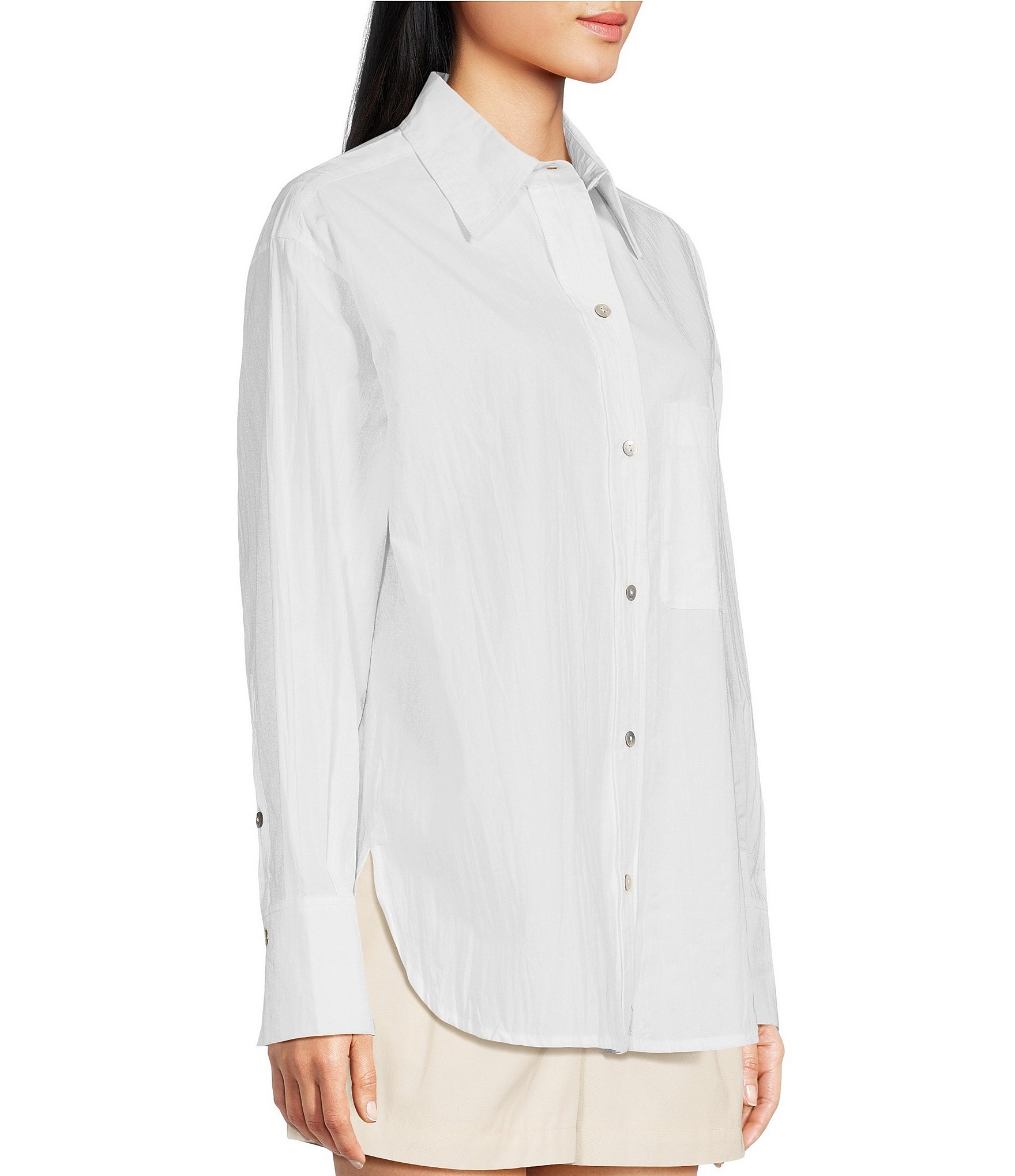 Le' AL.X Woven Point Collar Button Cuff Long Sleeve Chest Patch Pocket Button Front Crinkle Blouse