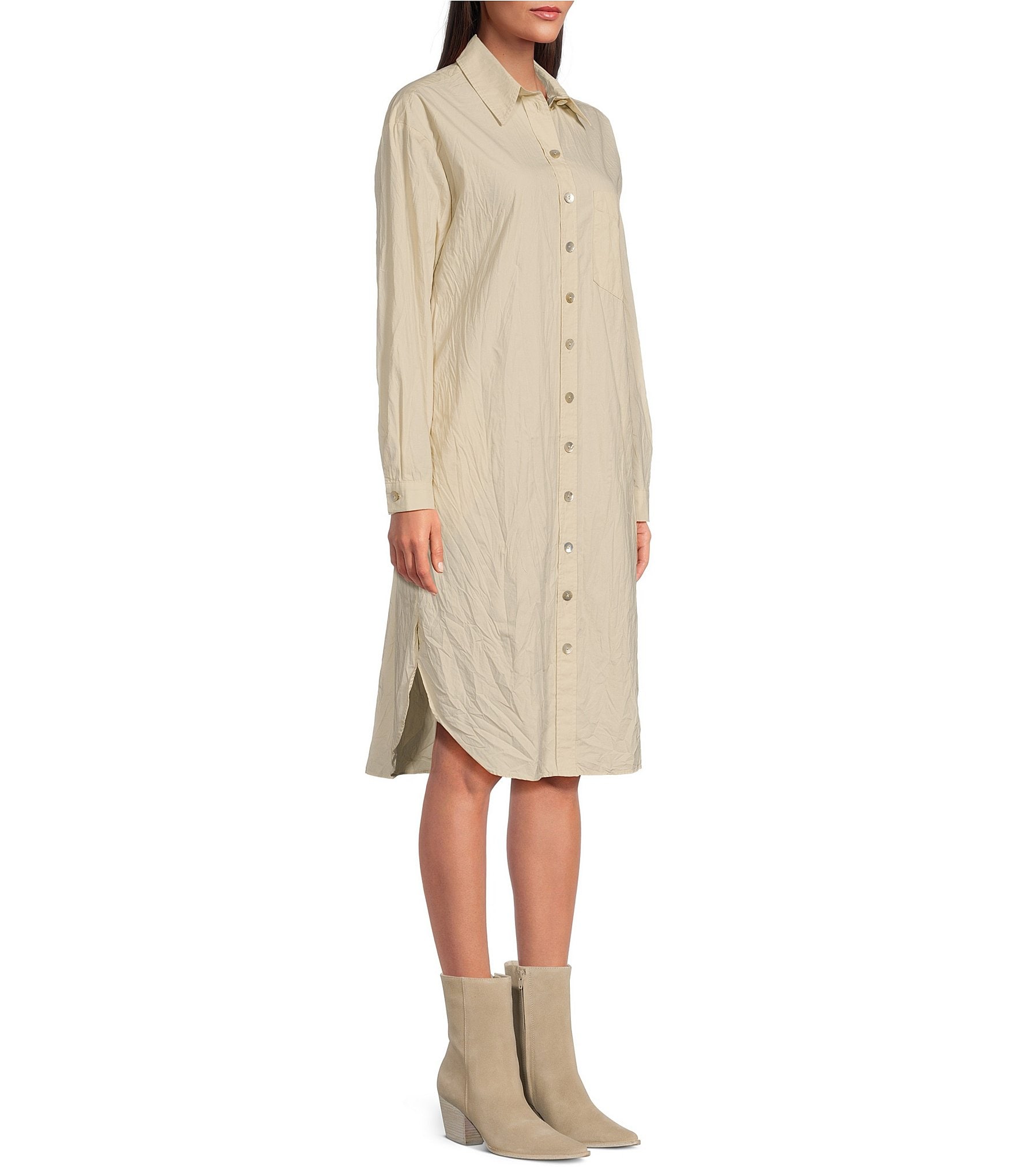 Le' AL.X Woven Point Collar Long Sleeve Button Front Shirttail Below the Knee Dress