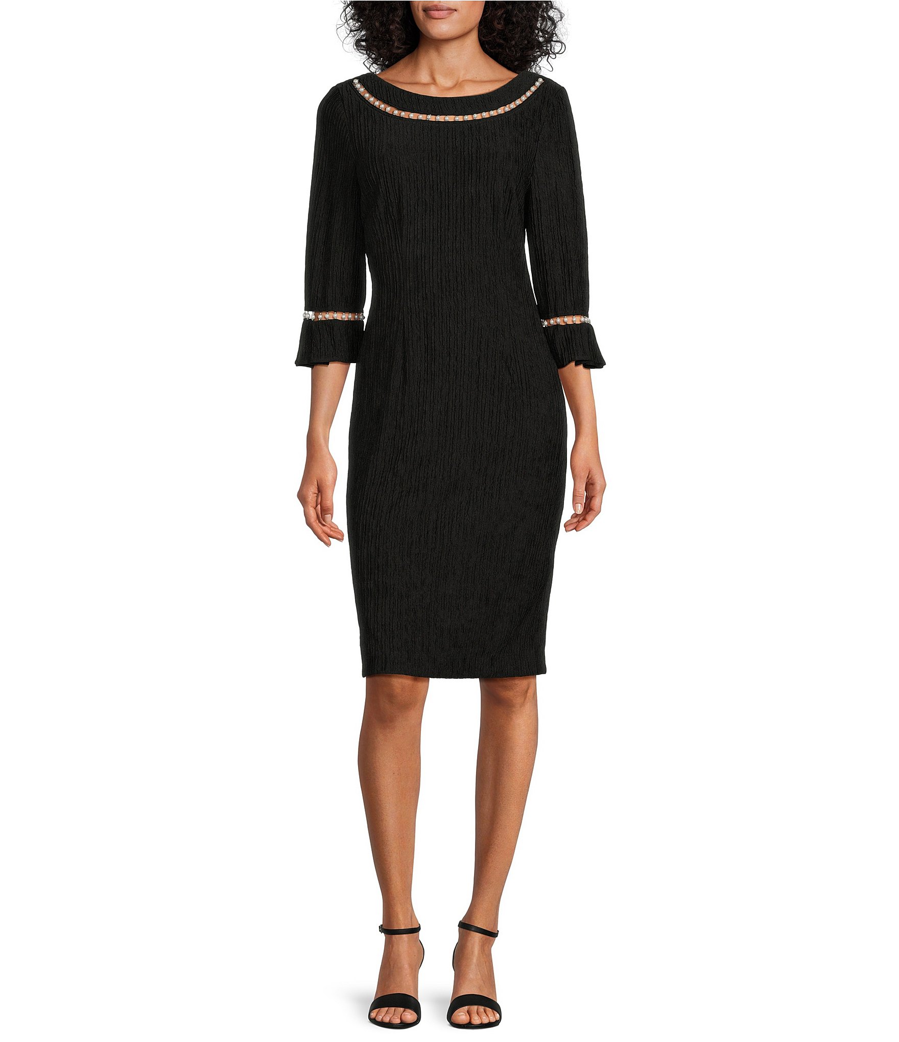 Le Bos 3/4 Bell Sleeve Round Neck Pearl Trim Crinkle Knit Dress | Dillard's