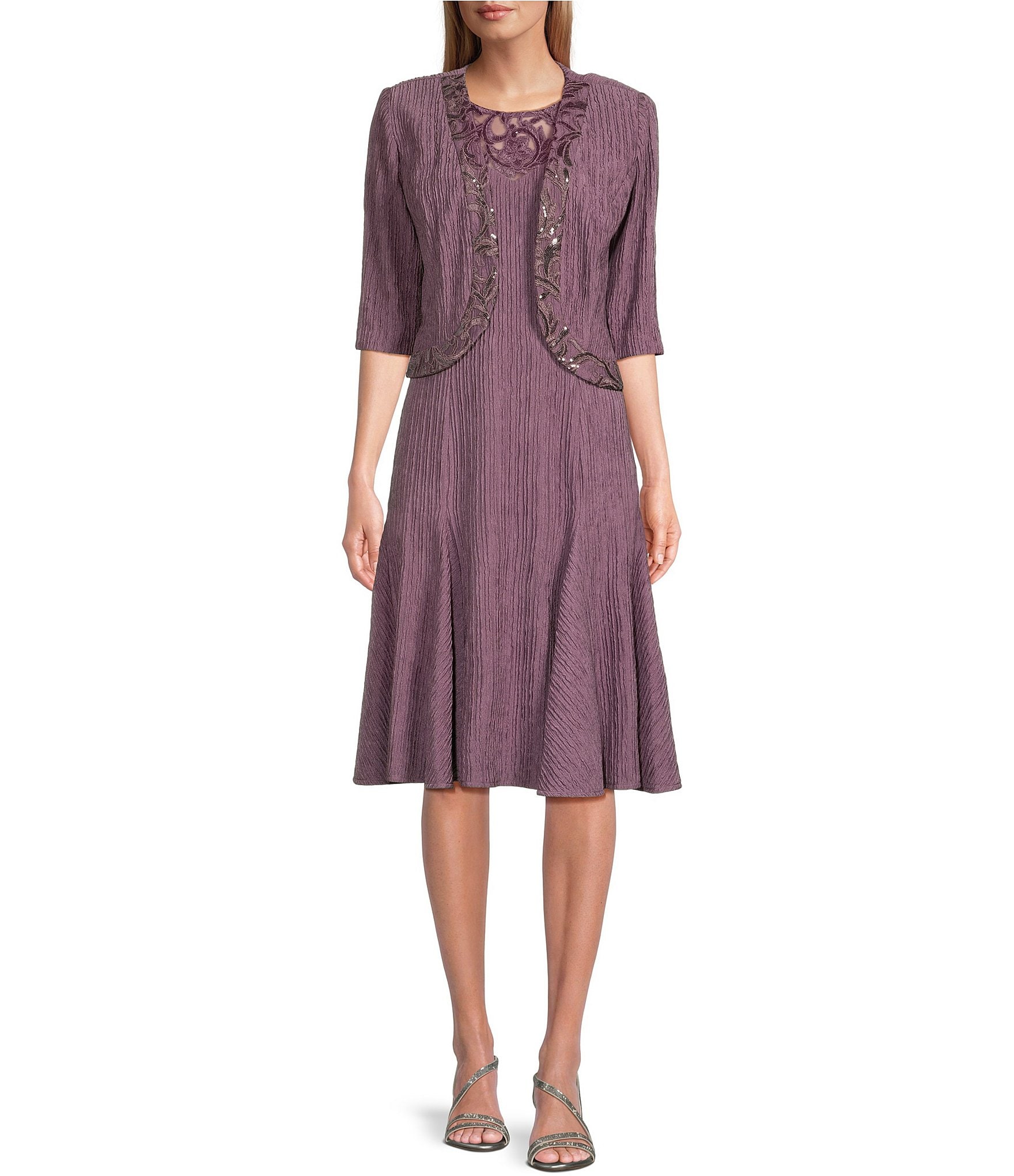 Le Bos 3/4 Sleeve Crew Neck Embroidered 2-Piece Jacket Dress | Dillard's