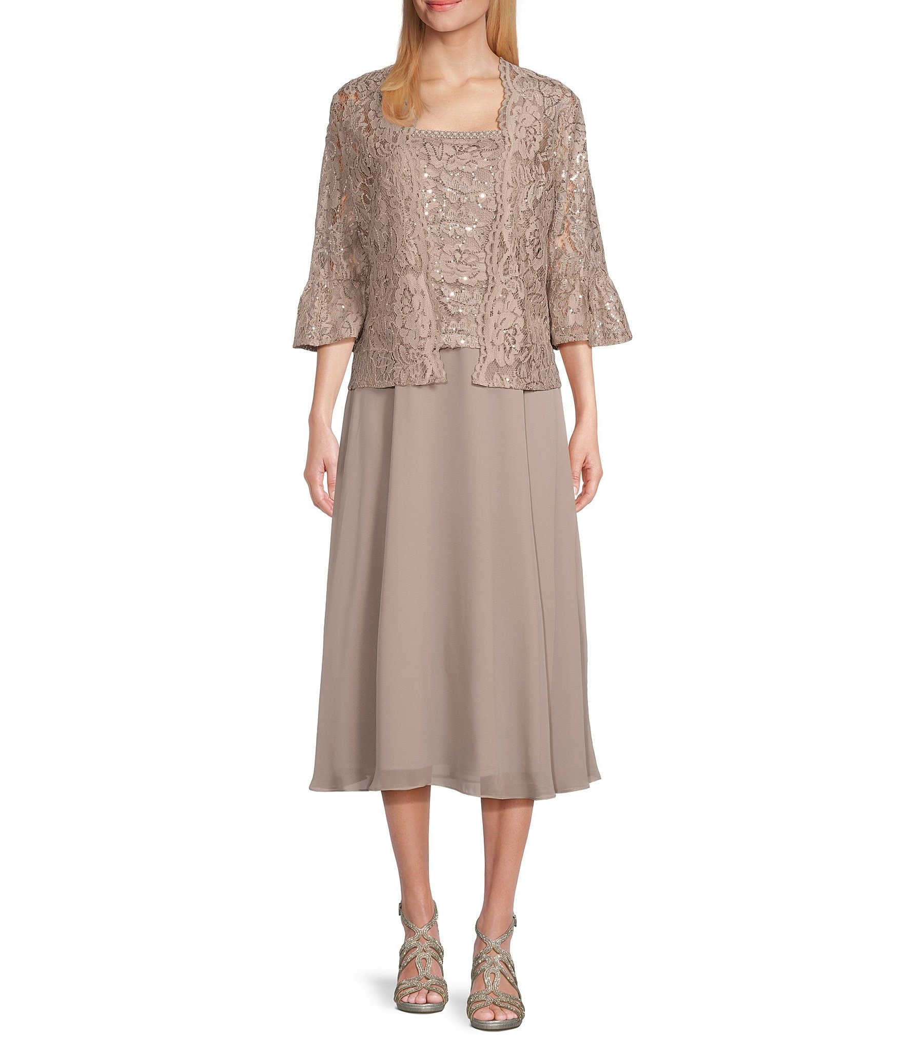Le Bos 3/4 Sleeve Square Neck Sequin Lace 2-Piece Jacket Dress | Dillard's