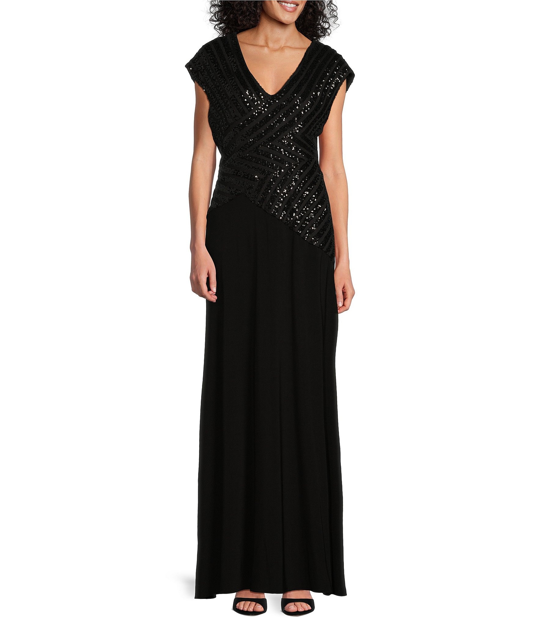 Le Bos Cap Sleeve V-Neck Sequin Trim Bodice Gown | Dillard's