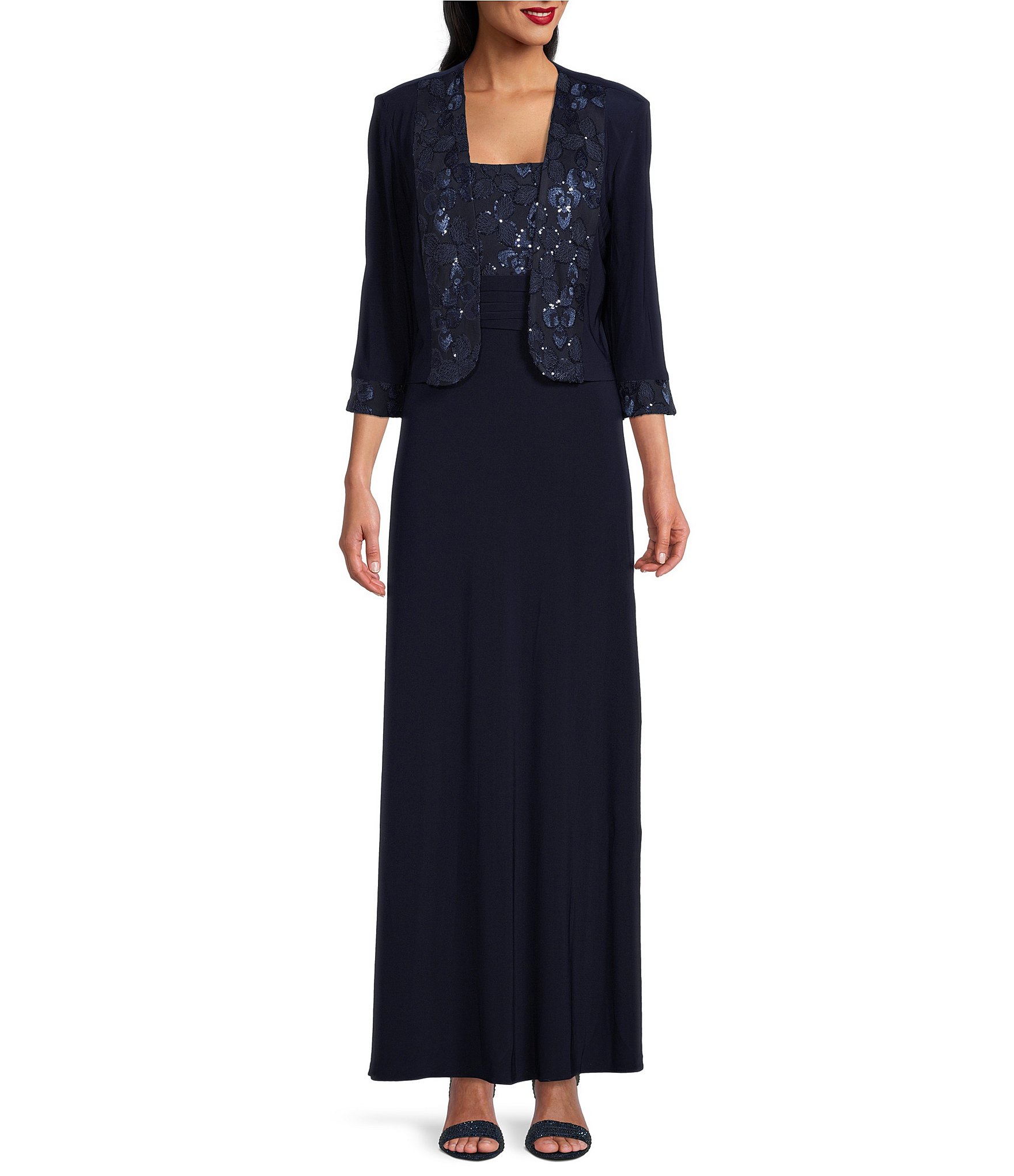 Le Bos Embroidered 3/4 Sleeve Square Neck 2-Piece Jacket Dress | Dillard's