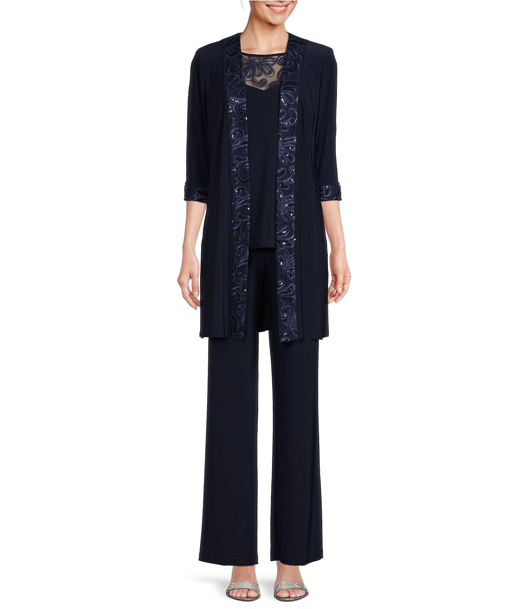 Le Bos Embroidered Trim Round Neck 3/4 Sleeve Duster 3-Piece Pant Set |  Dillard's