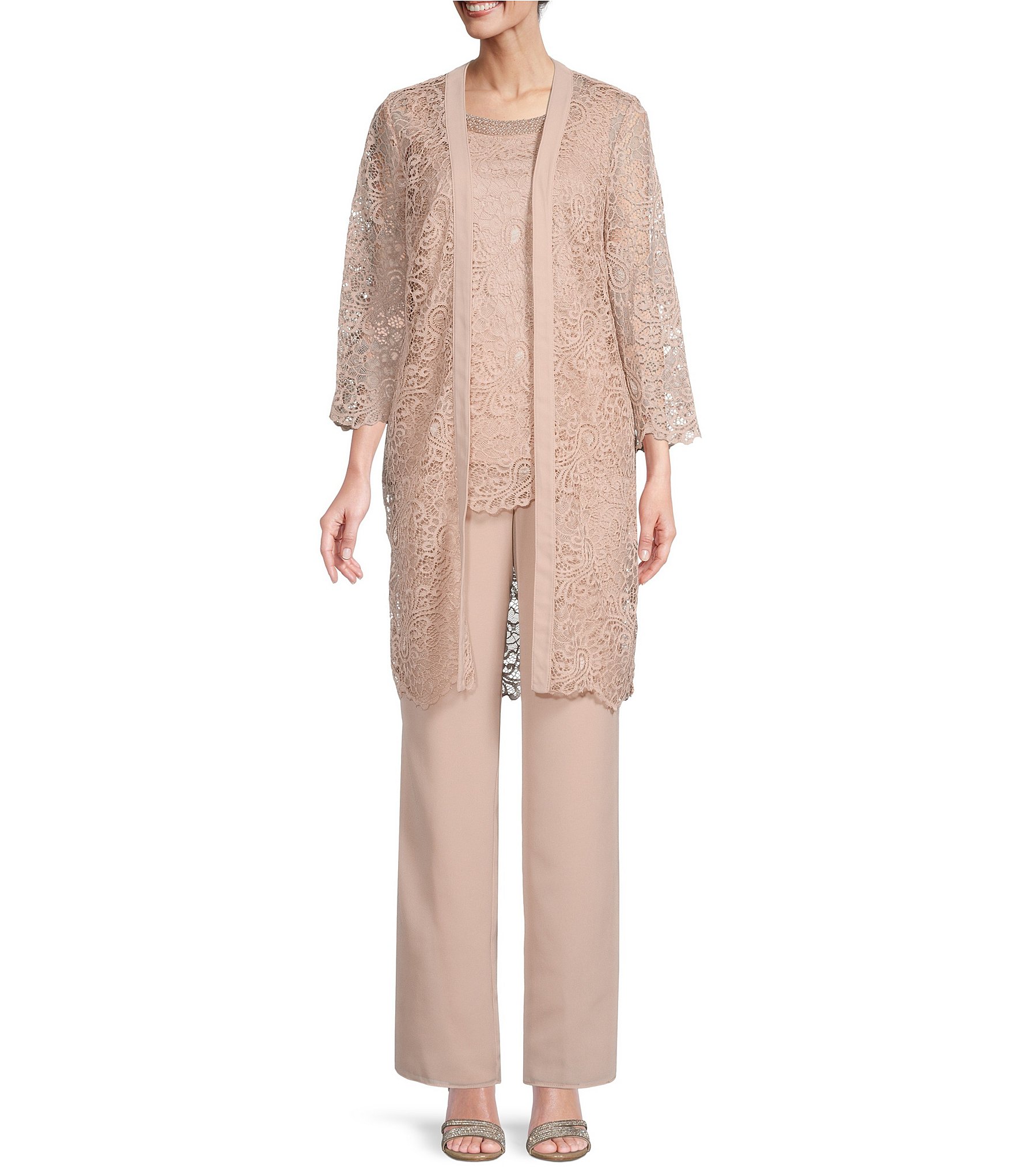 Le Bos Lace 3/4 Sleeve Beaded Round Neck 3-Piece Duster Knit Pant Set |  Dillard's