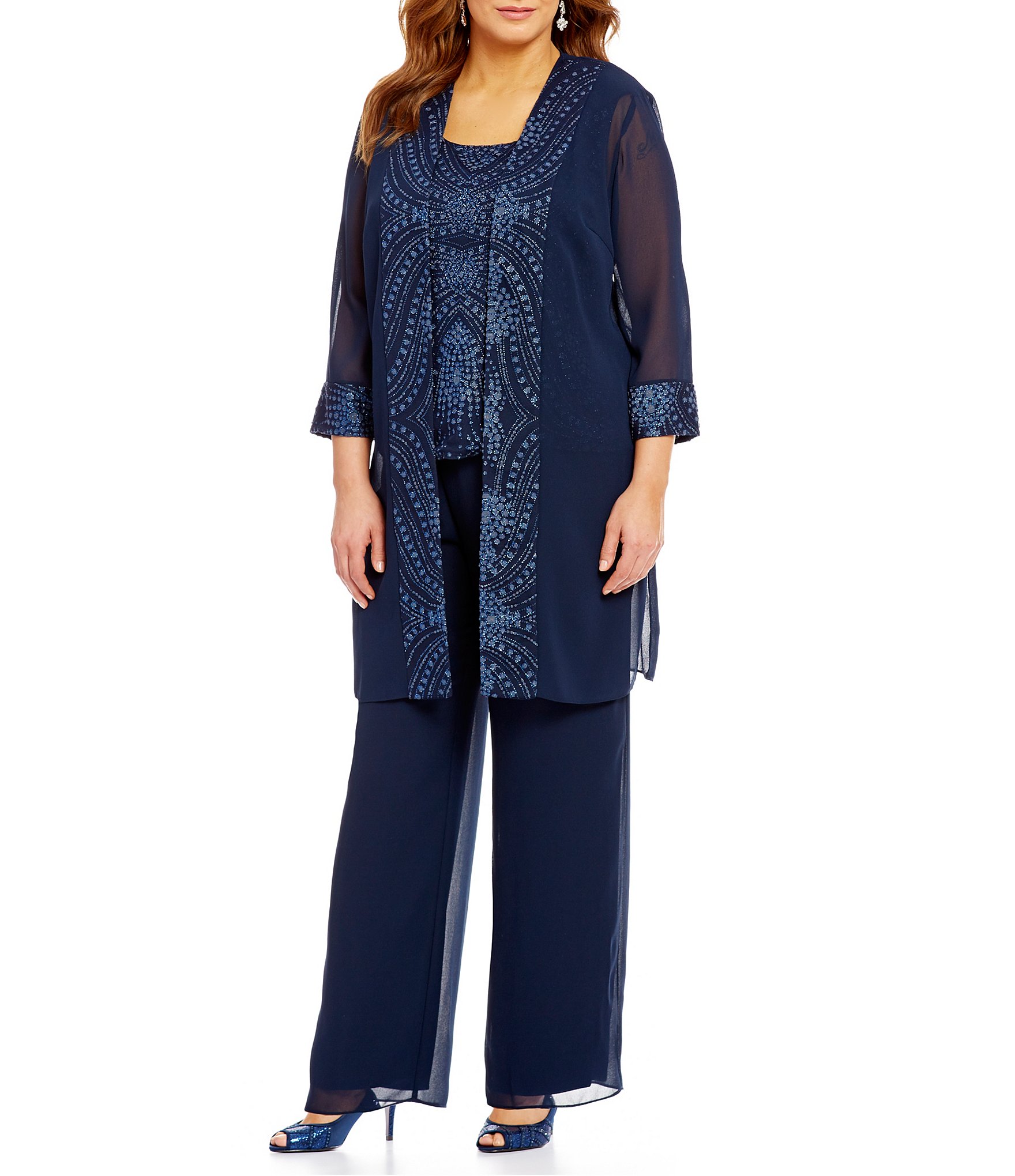 Le Bos Plus 3-Piece Glitter-Embellished Evening Pant Set | Dillards