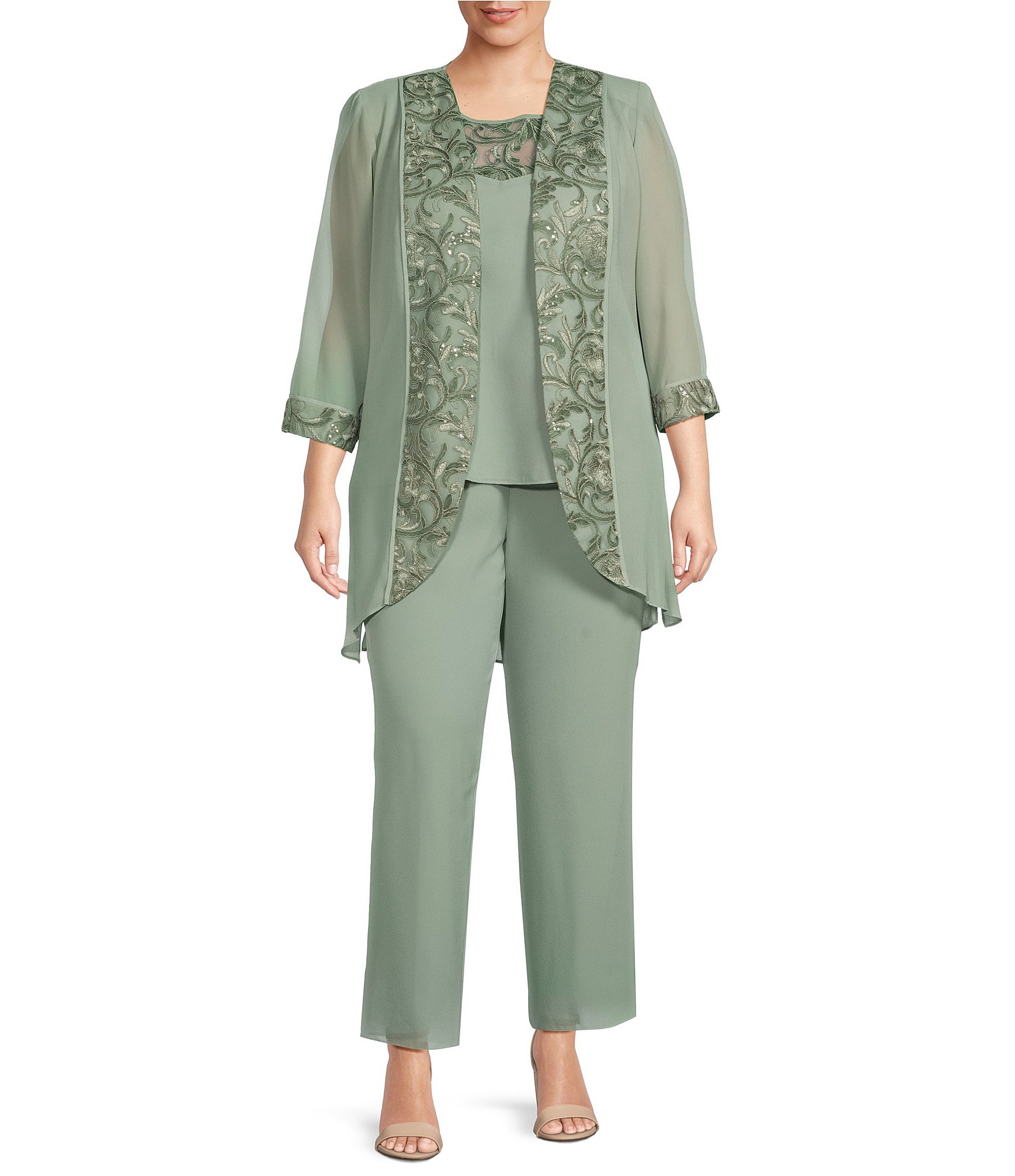 R & M Richards Plus Size Scoop Neck 3/4 Sleeve Beaded Detail Top & Sheer  Knit Jacket 2-Piece Pull-On Pant Set