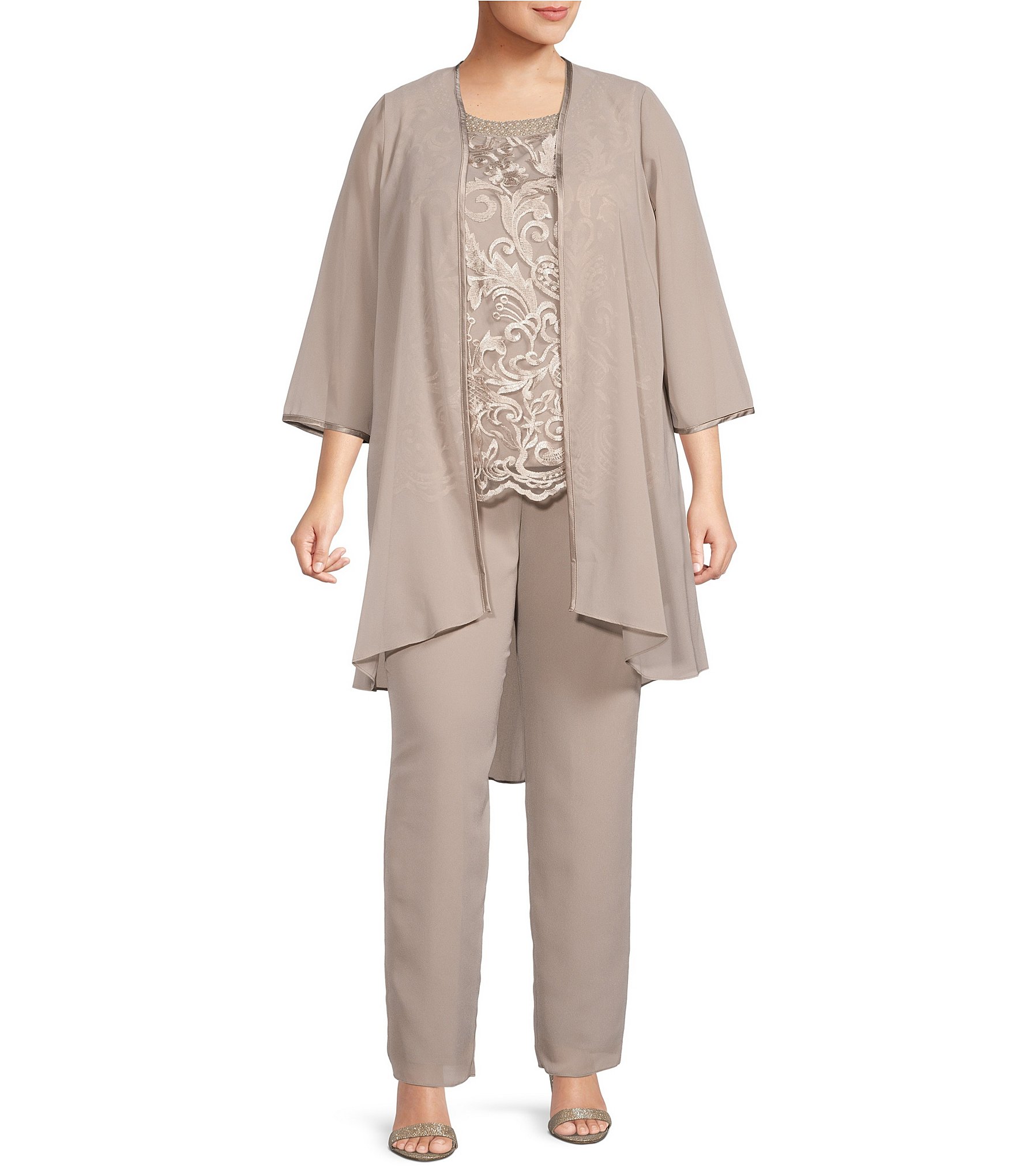 Le Bos Plus Size Crew Neck 3/4 Sleeve Embroidered Georgette 3-Piece Duster  Pant Set