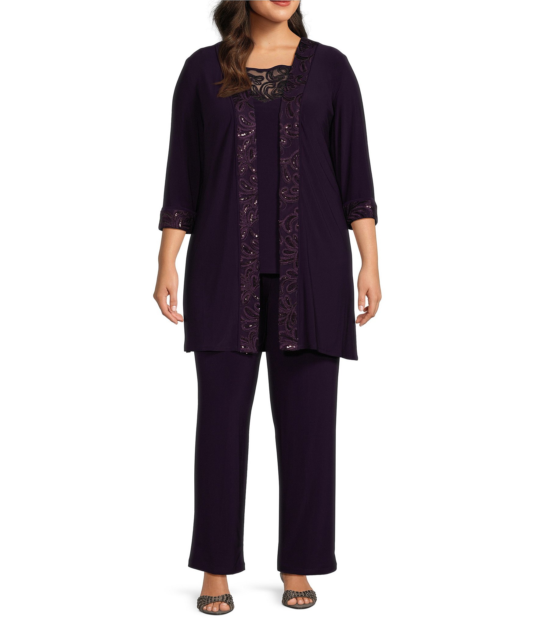 Le Bos Plus Size Round Neck 3 4 Sleeve Embroidered Trim Duster 3 Piece