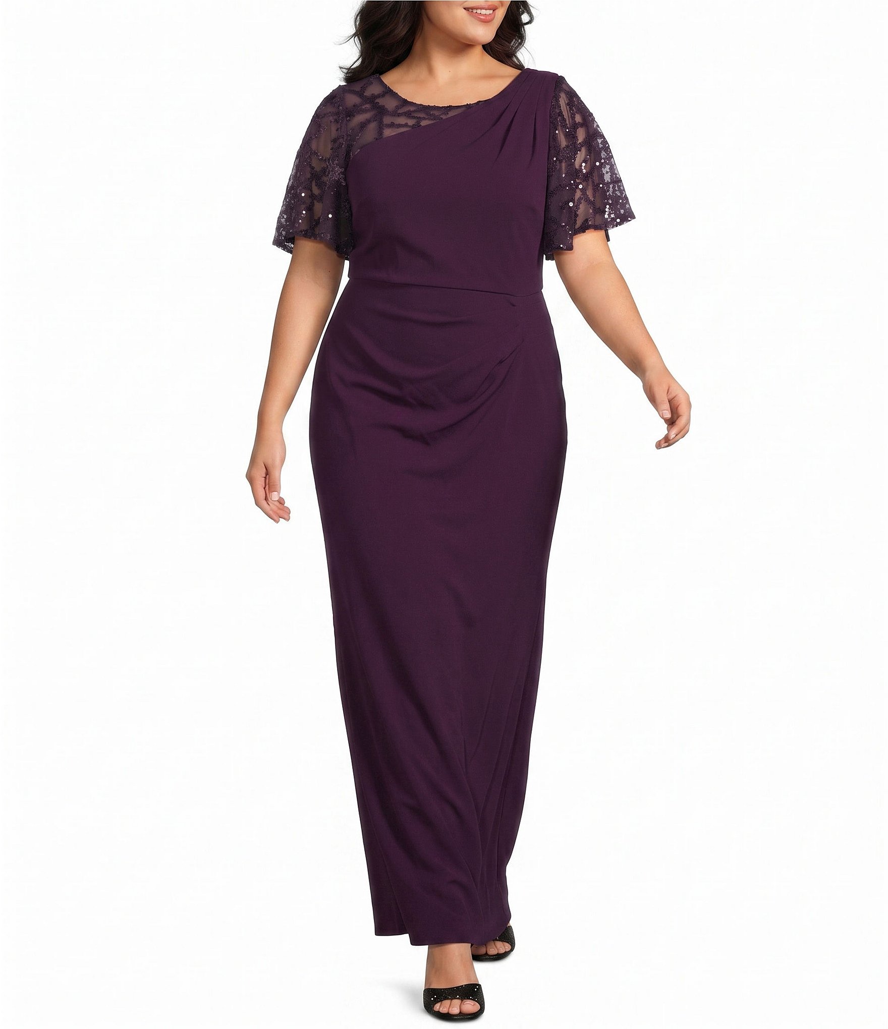 Le Bos Plus Size Sequin Mesh Trim Ruched Shoulder Long Dress