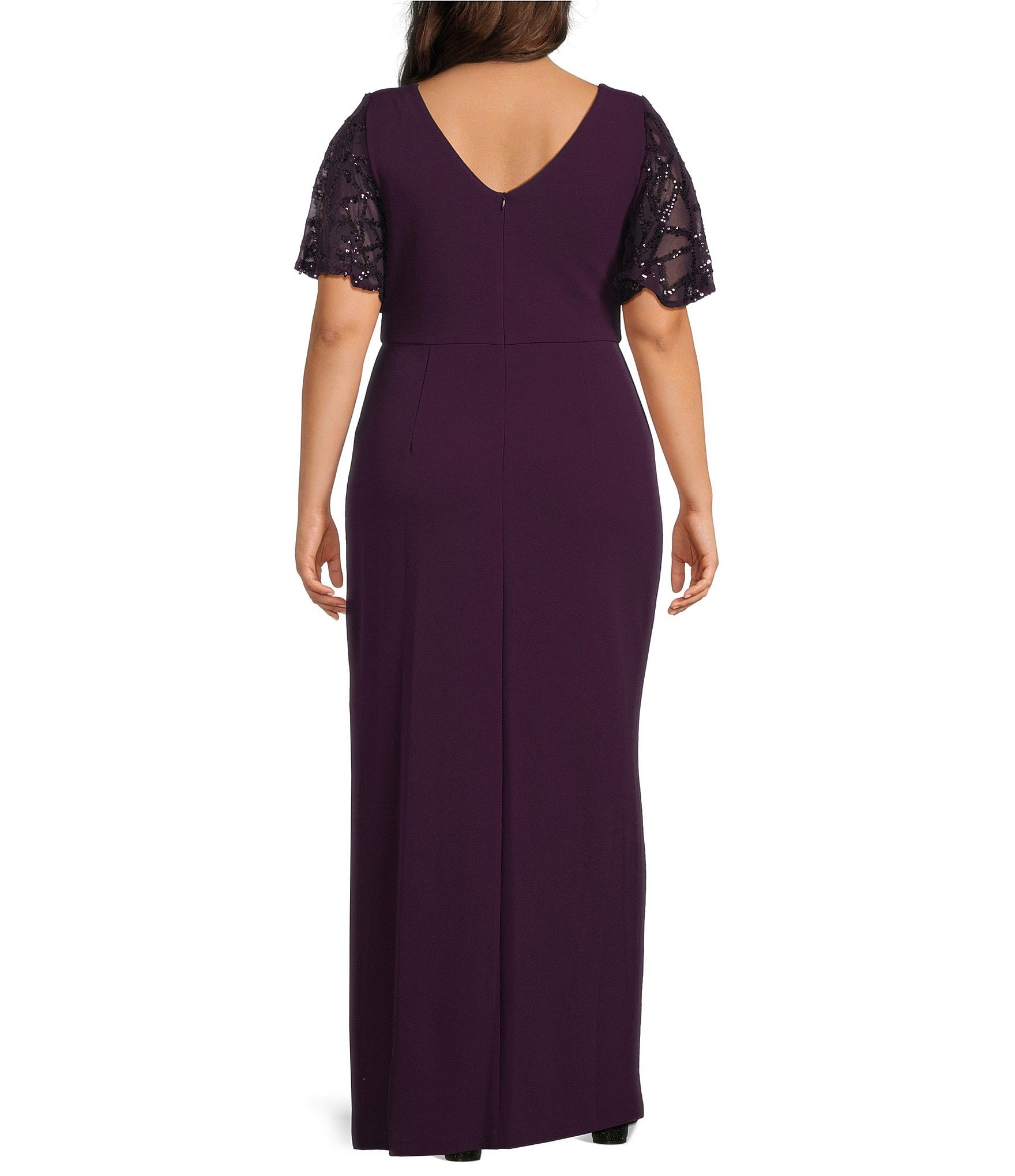 Le Bos Plus Size Sequin Mesh Trim Ruched Shoulder Long Dress