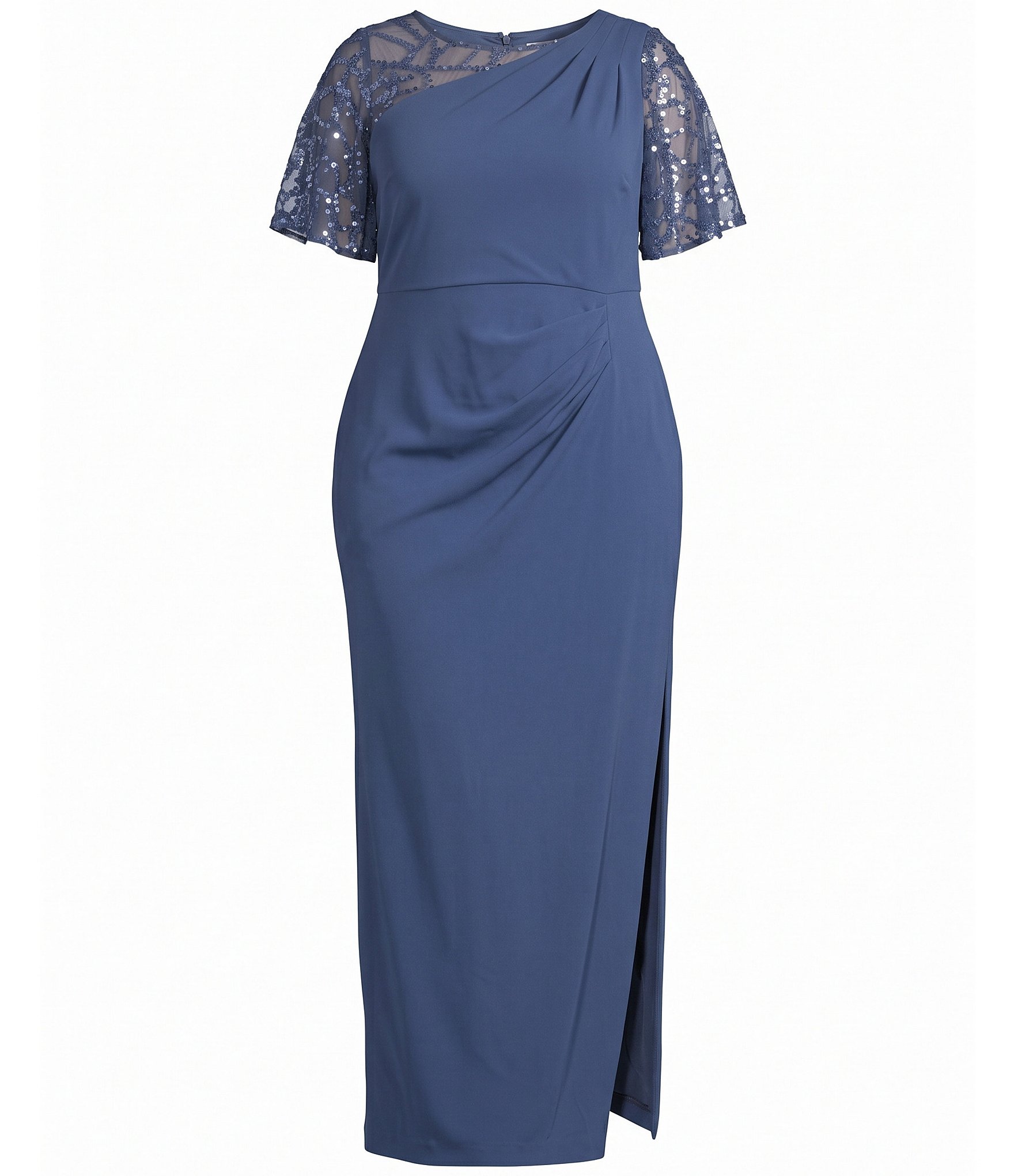 Le Bos Plus Size Sequin Mesh Trim Ruched Shoulder Long Dress