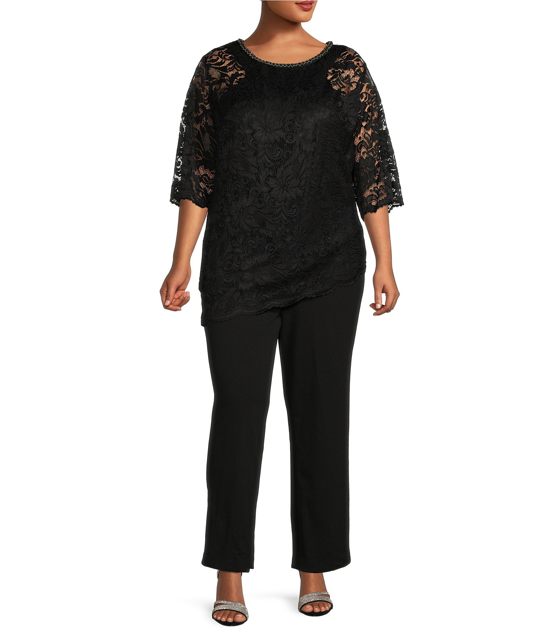 Le Bos Plus Size Stretch Lace 3/4 Sleeve Beaded Round Neck 2-Piece Pant ...