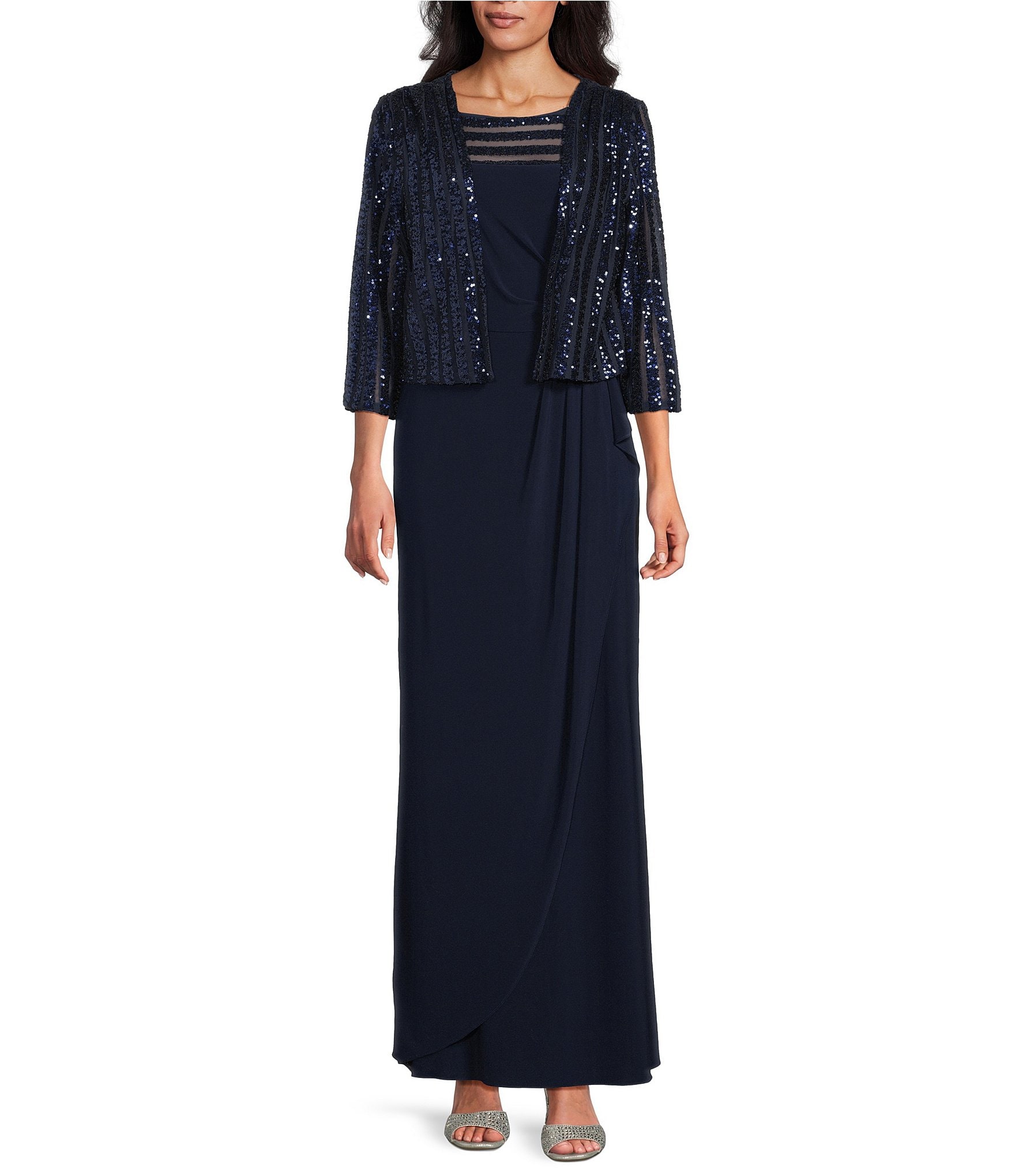 Le Bos Sequin ITY Round Illusion Neck Long Sleeve Jacket Dress