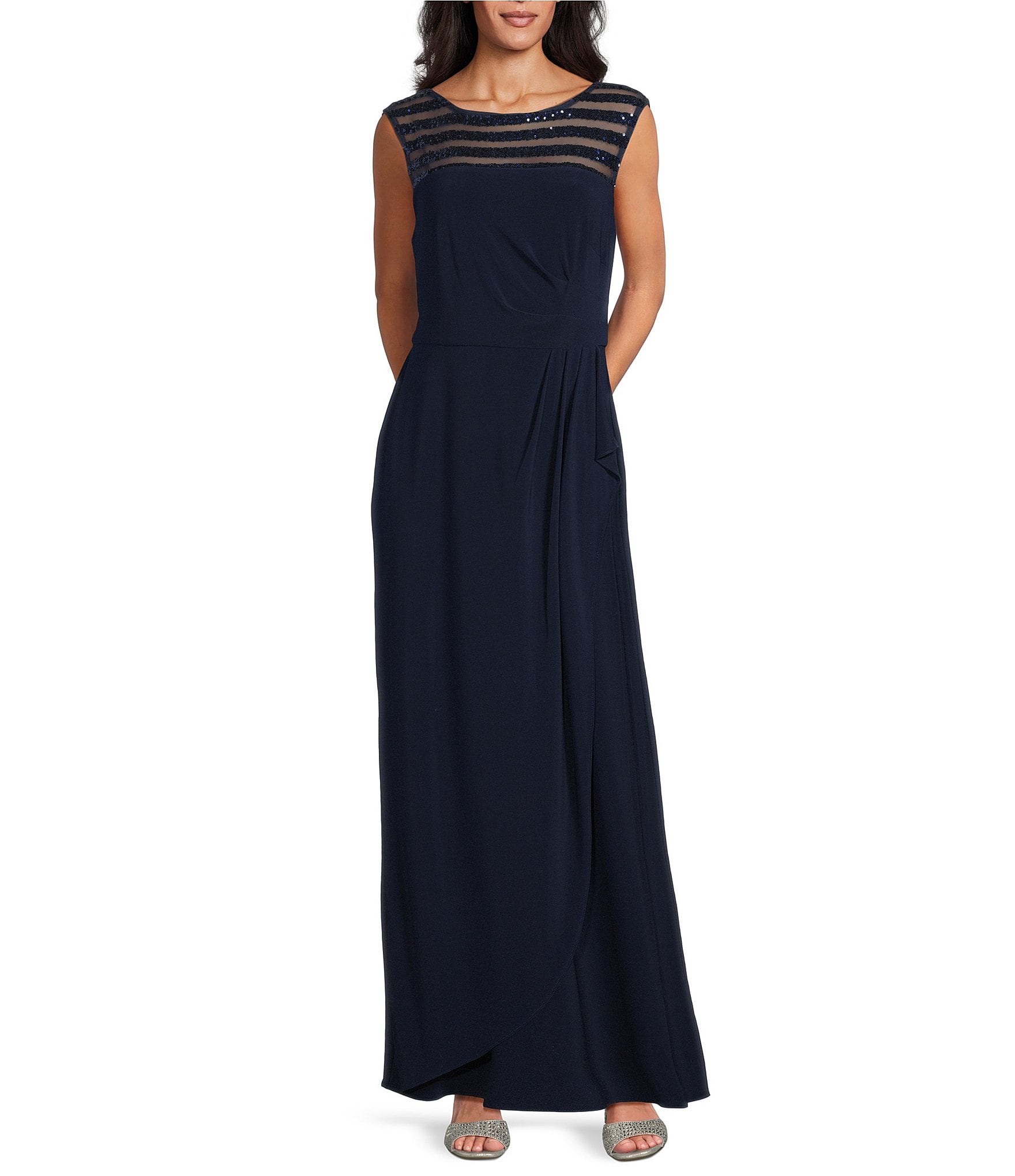 Le Bos Sequin ITY Round Illusion Neck Long Sleeve Jacket Dress