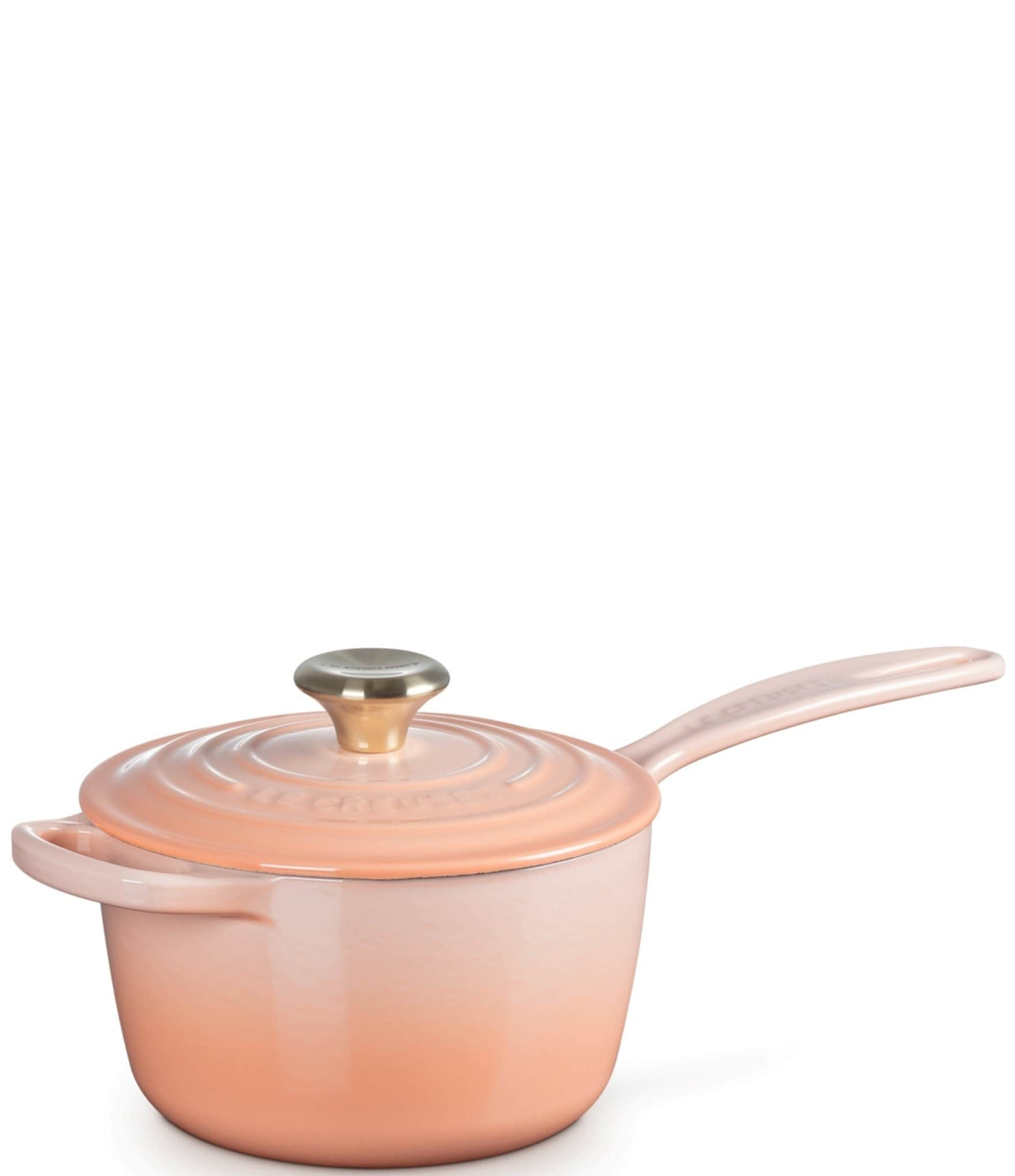 Le Creuset Signature 1.75-Quart Enameled Cast Iron Saucepan with Light Gold Knob - Peche