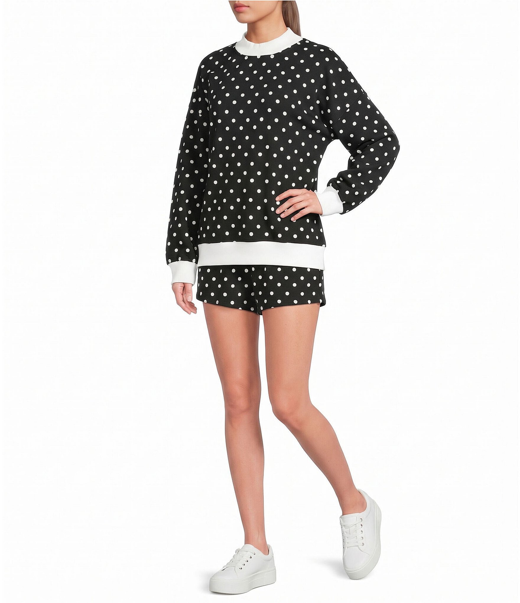 Le Lis Polka Dot Print Mock Neck Long Sleeve Sweatshirt