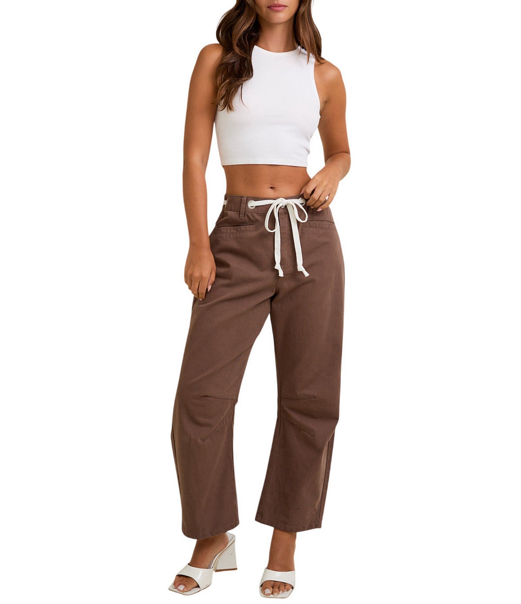 Le Lis High Rise Drawstring Tie Waist Barrel Jeans