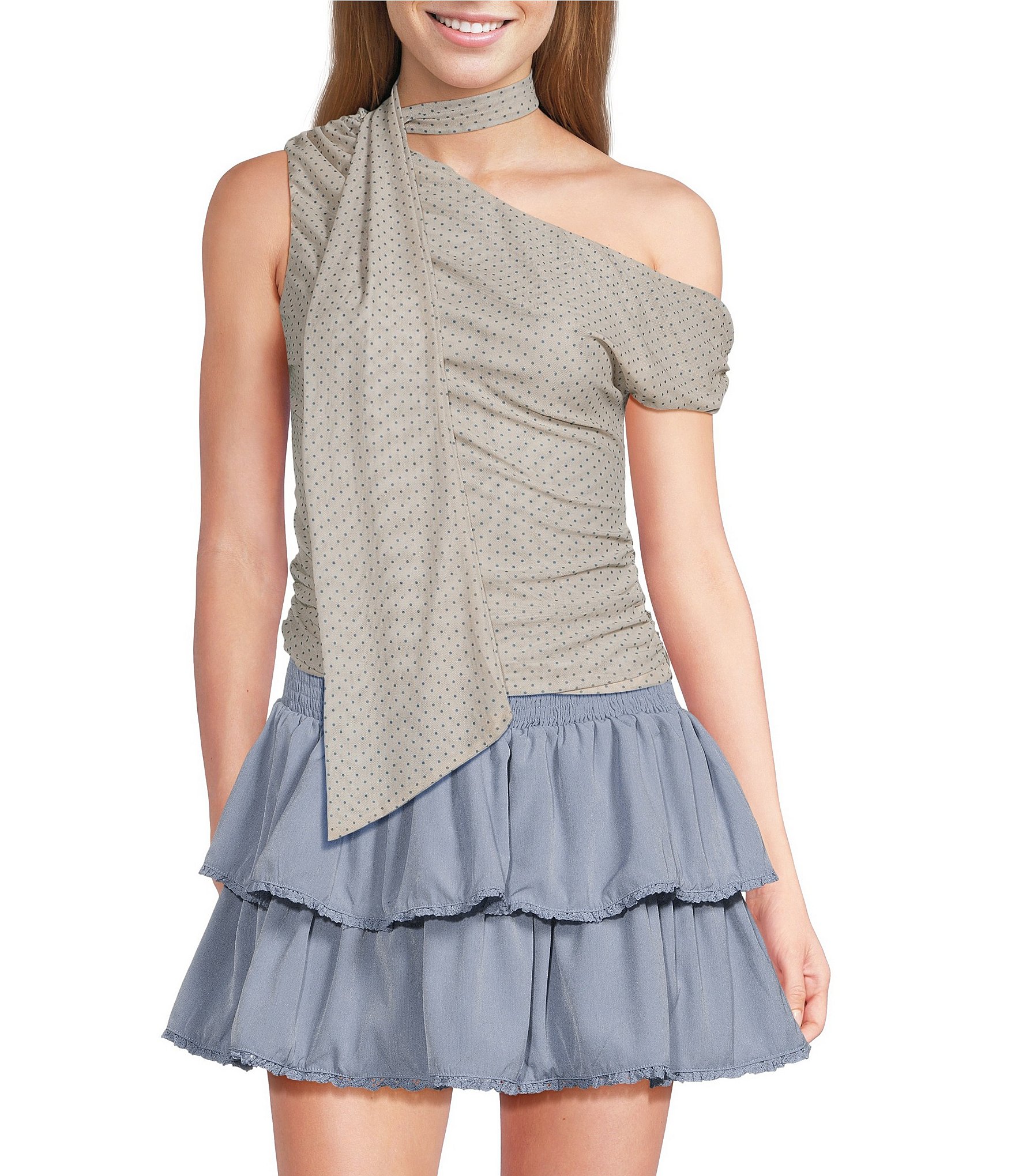 Le Lis Polka Dot One Shoulder Scarf Top