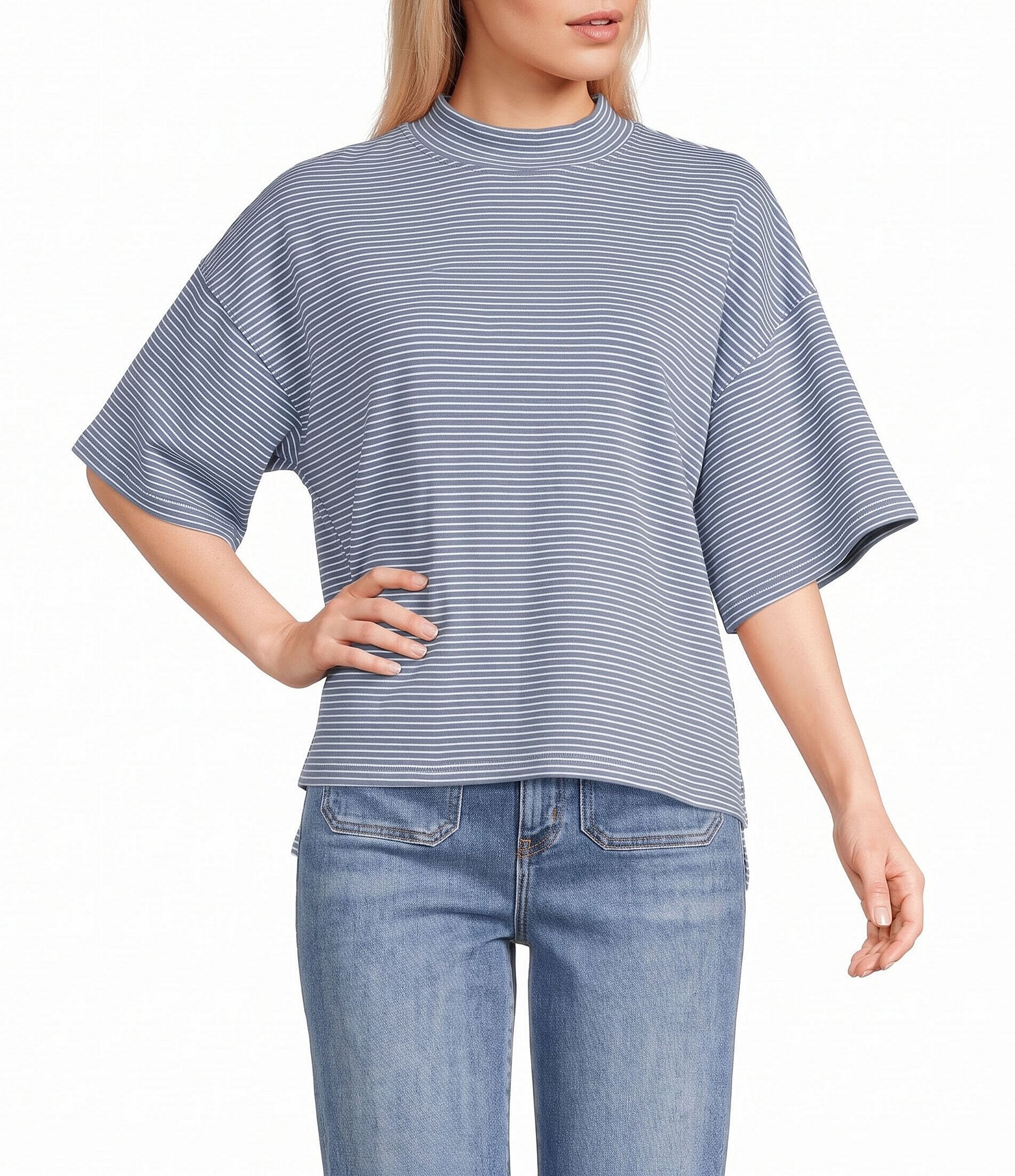 Le Lis Striped Mock Neck Short Sleeve Top