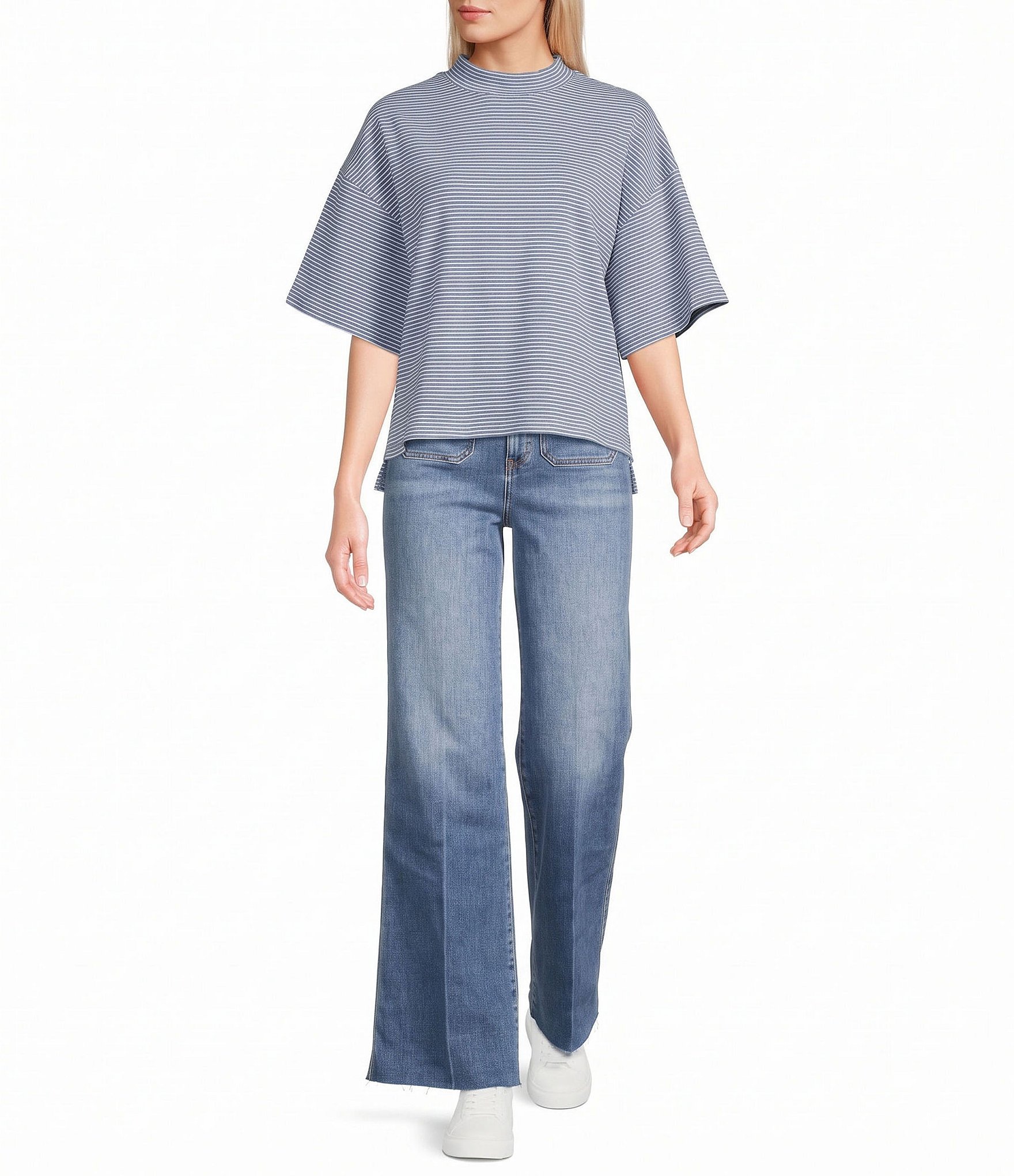 Le Lis Striped Mock Neck Short Sleeve Top