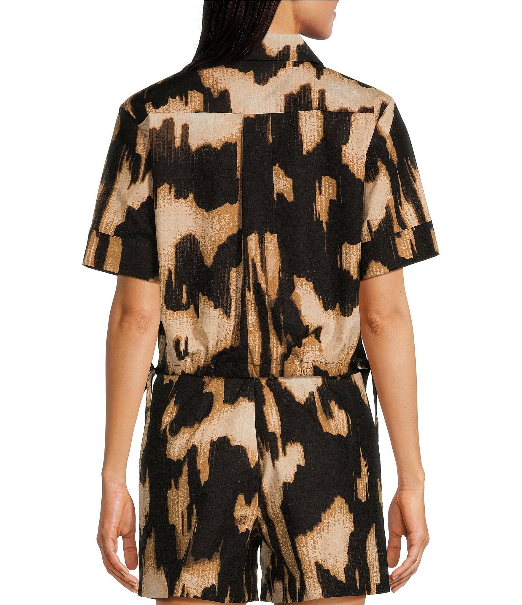 Le'AL.X Coordinating Printed Button Front Short Sleeve Cropped Camp Shirt