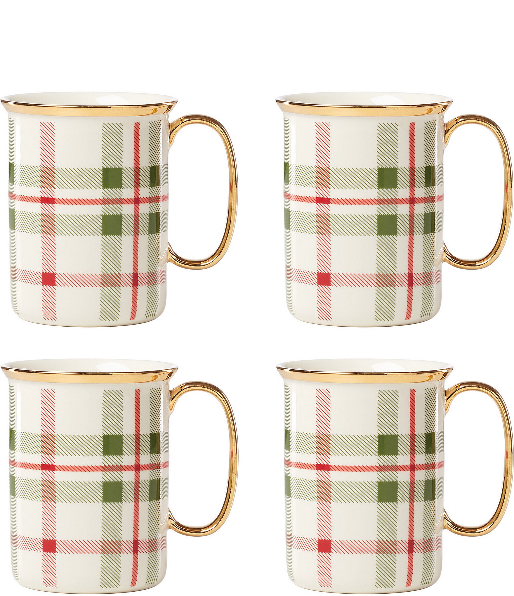 Lenox Holiday Tartan Plaid 24K Gold Accent Mugs, Set of 4