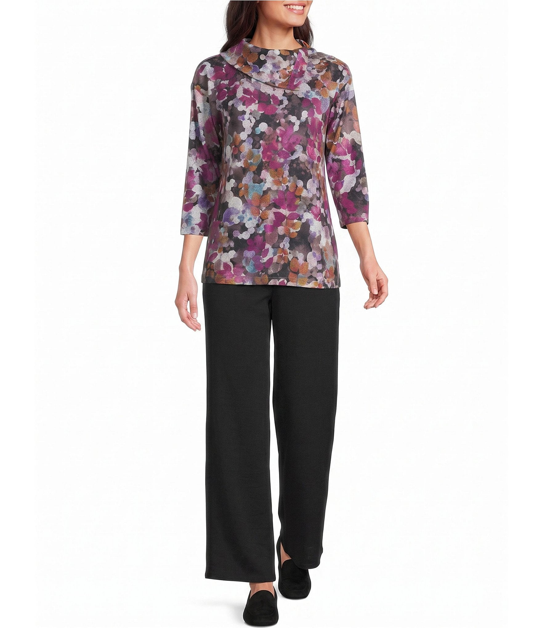 Leo & Nicole Hacci Rematch Floral Envelope Collar 3/4 Sleeve Pullover Top