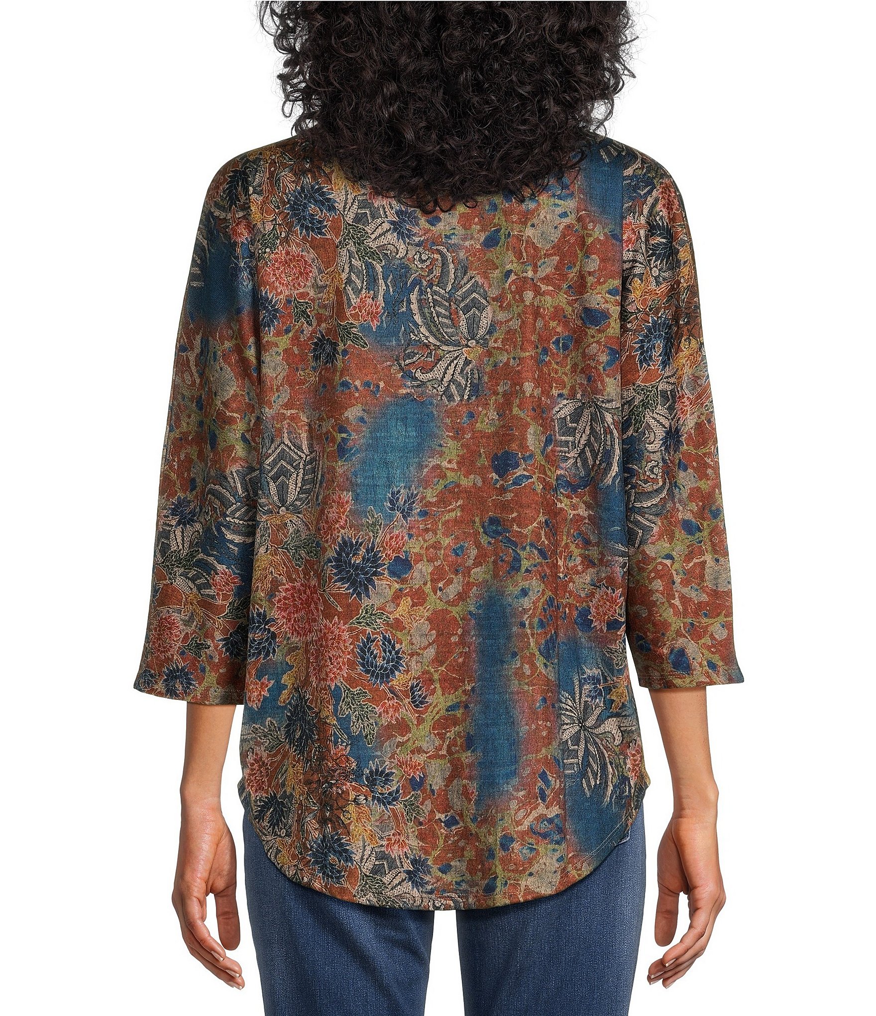 Leo & Nicole Knit Floral Vision Print Crew Neck 3/4 Dolman Sleeve Top