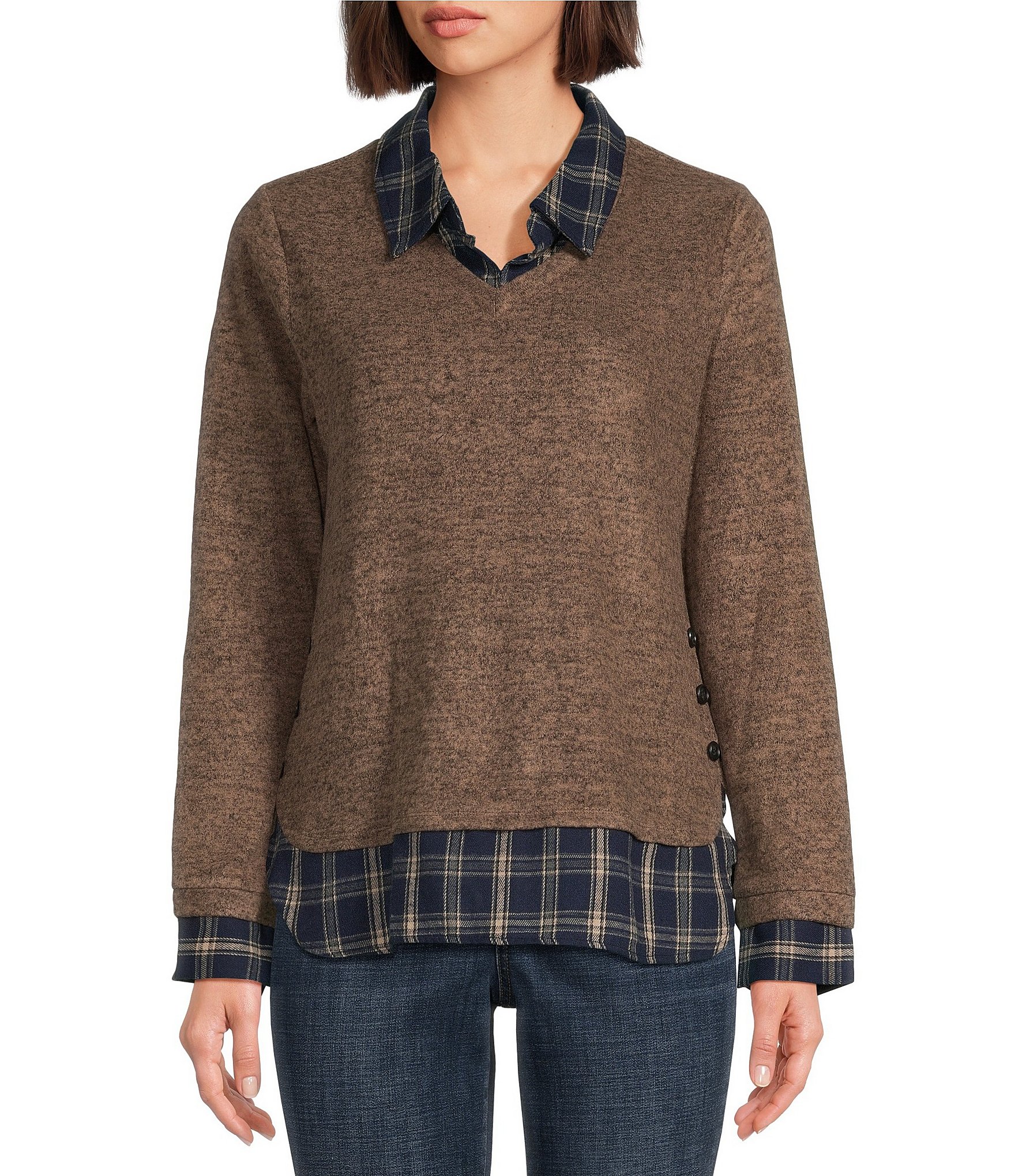 Leo Nicole Mixed Media Plaid Point Collar Long Sleeve Layered Sweater Dillard s