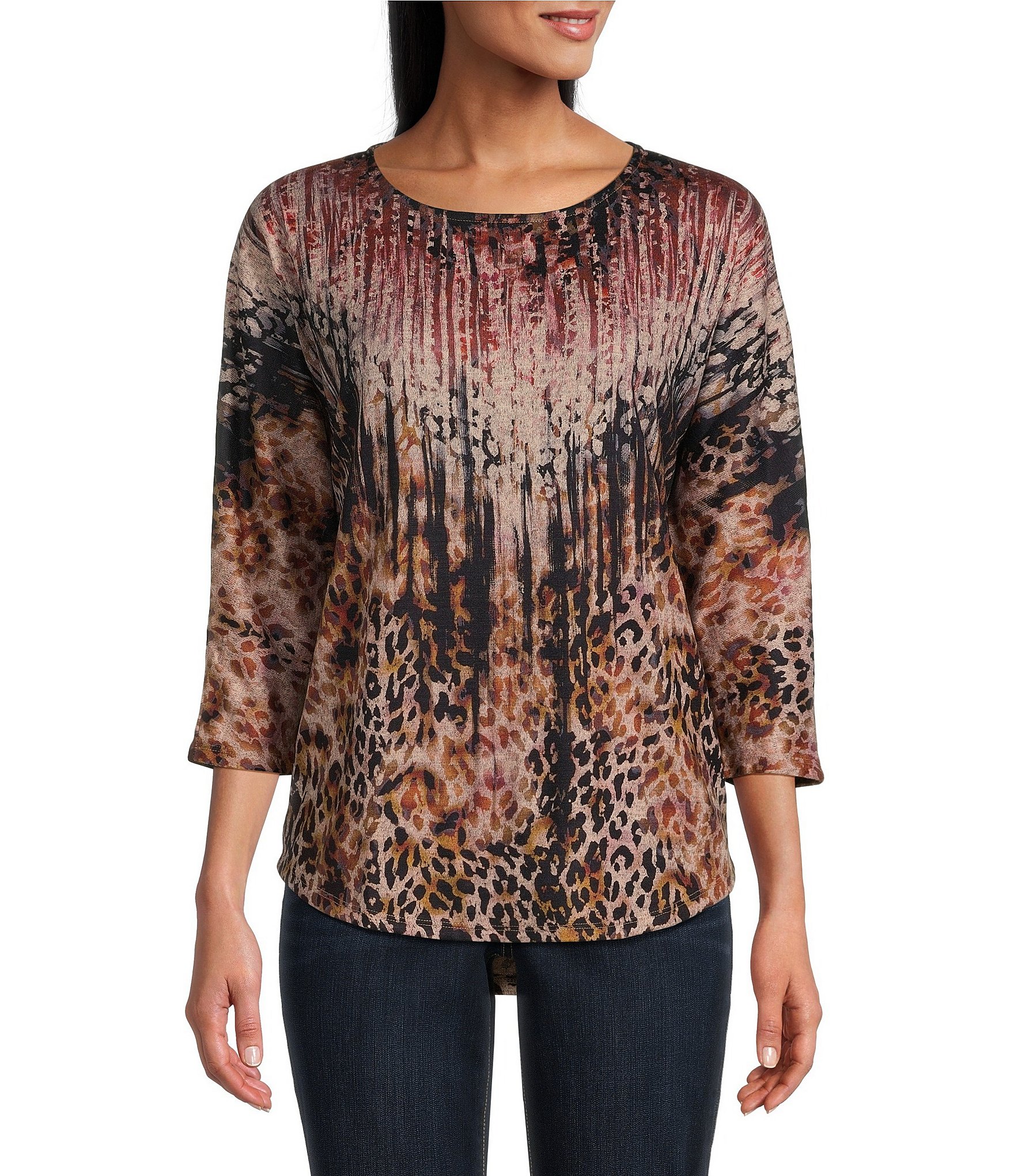 Leo & Nicole Petite Size Exotic Animal Print Hacci Knit Crew Neck 3/4 ...