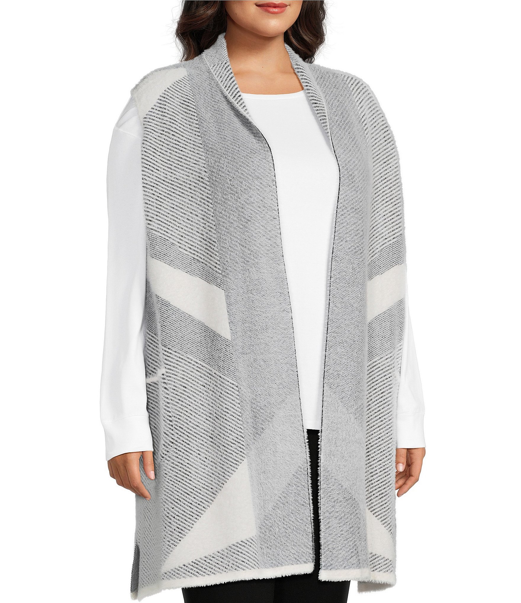 Leo & Nicole Plus Size Geo Print Shawl Collar Sleeveless Open-Front Sweater Vest