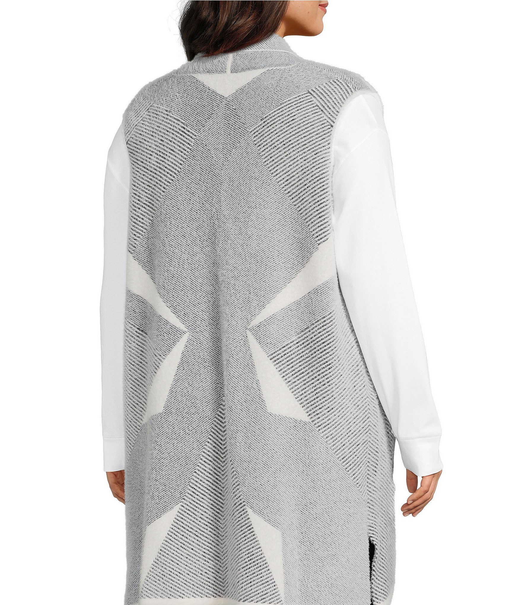 Leo & Nicole Plus Size Geo Print Shawl Collar Sleeveless Open-Front Sweater Vest