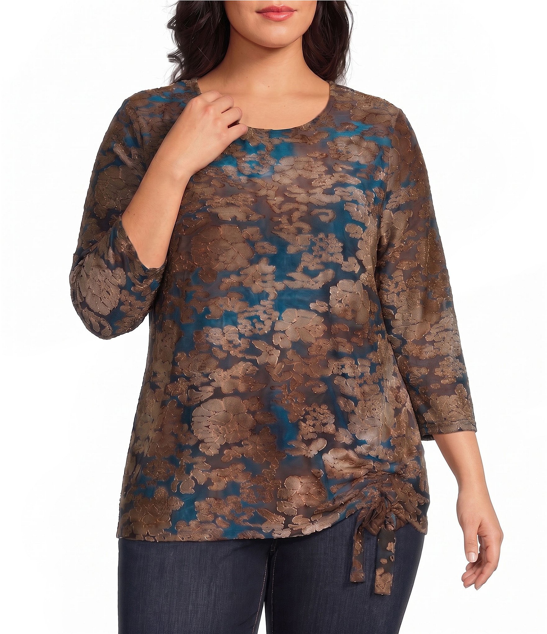 Leo & Nicole Plus Size Jacquard Floral Crew Neck 3/4 Sleeve Cinched Hem Top