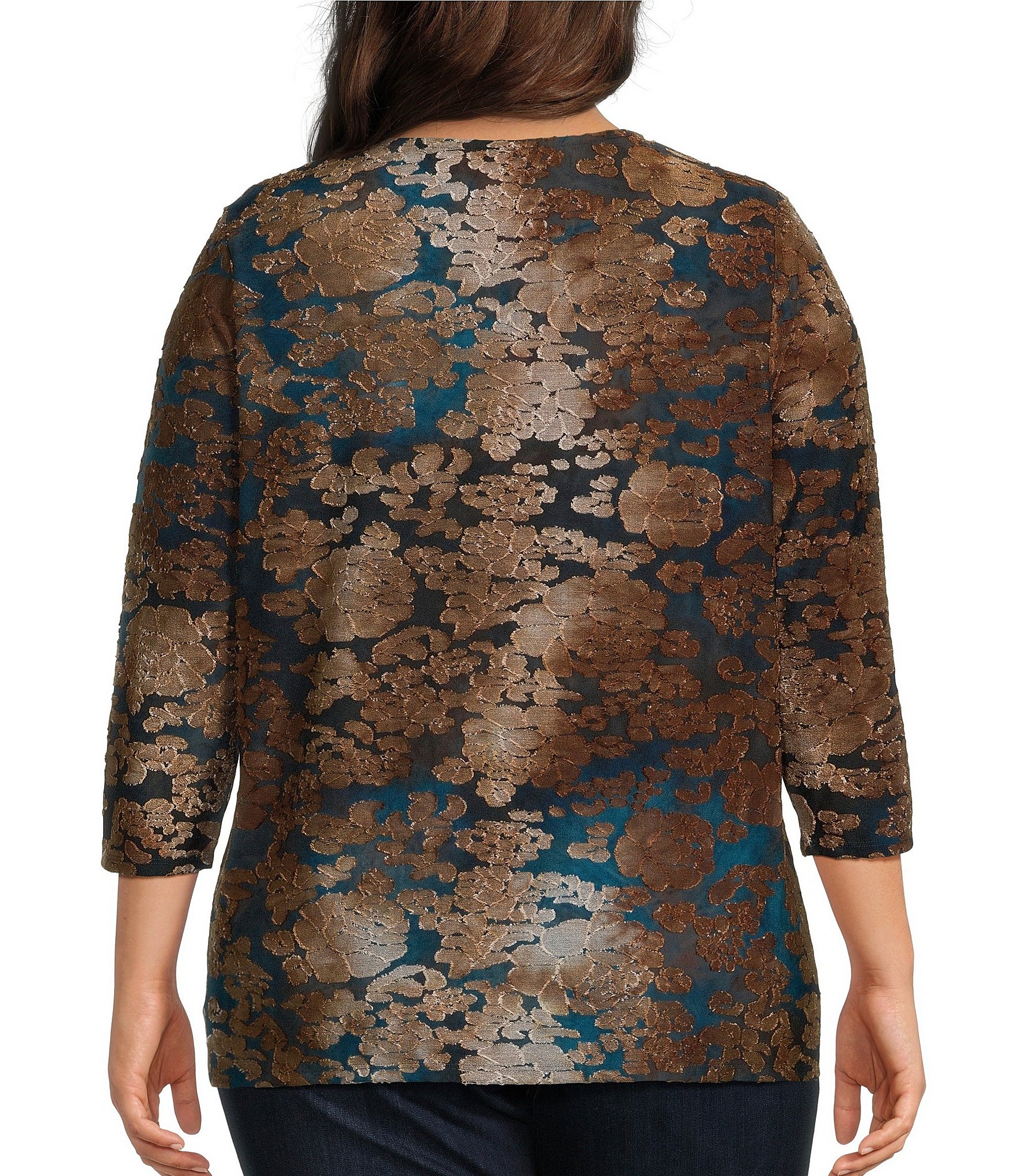 Leo & Nicole Plus Size Jacquard Floral Crew Neck 3/4 Sleeve Cinched Hem Top