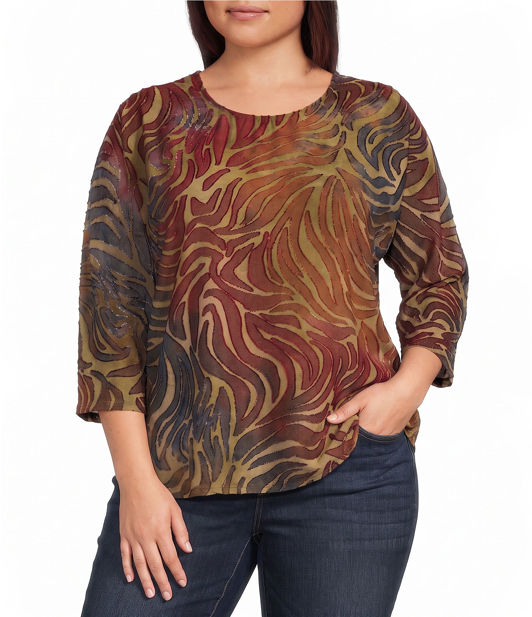 Leo & Nicole Plus Size Jacquard Zebra Print Crew Neck 3/4 Dolman Sleeve Top