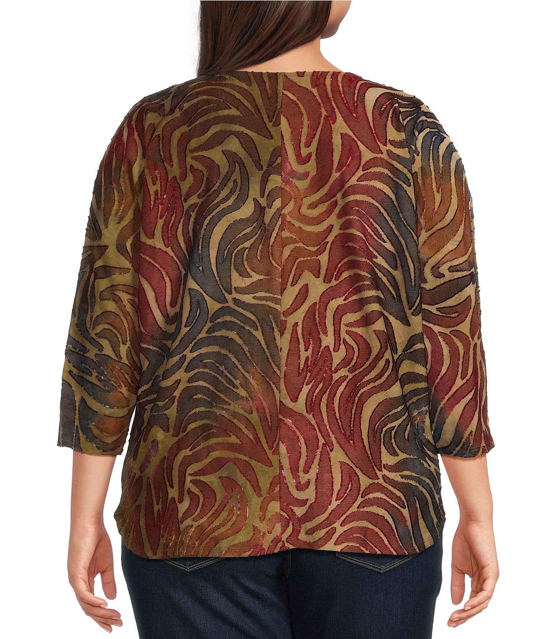 Leo & Nicole Plus Size Jacquard Zebra Print Crew Neck 3/4 Dolman Sleeve Top