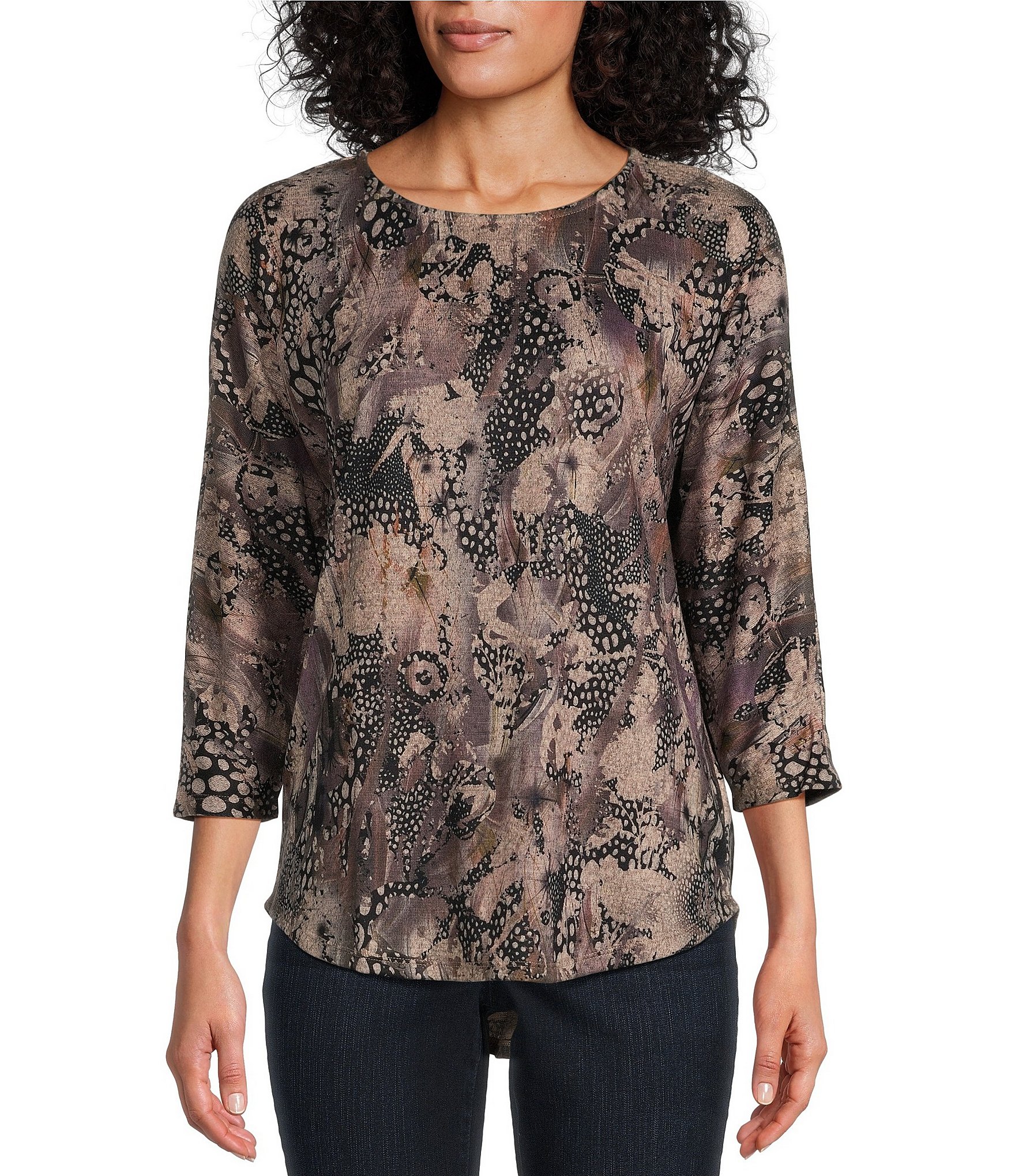 Leo & Nicole Secret Animal Print Crew Neck 3/4 Sleeve Top | Dillard's