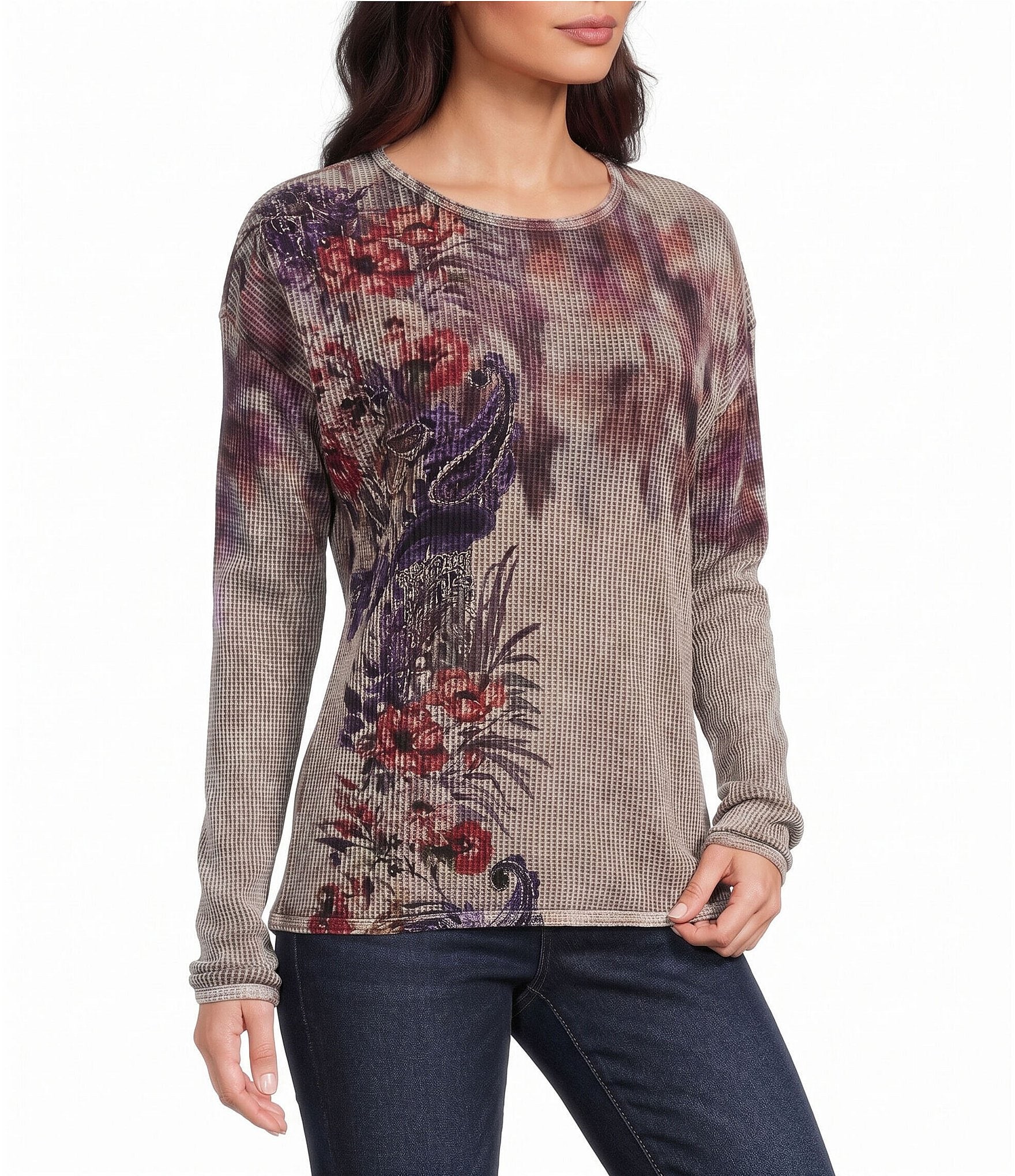 Leo & Nicole Waffle Knit Floral Printed Crew Neck Long Sleeve Top