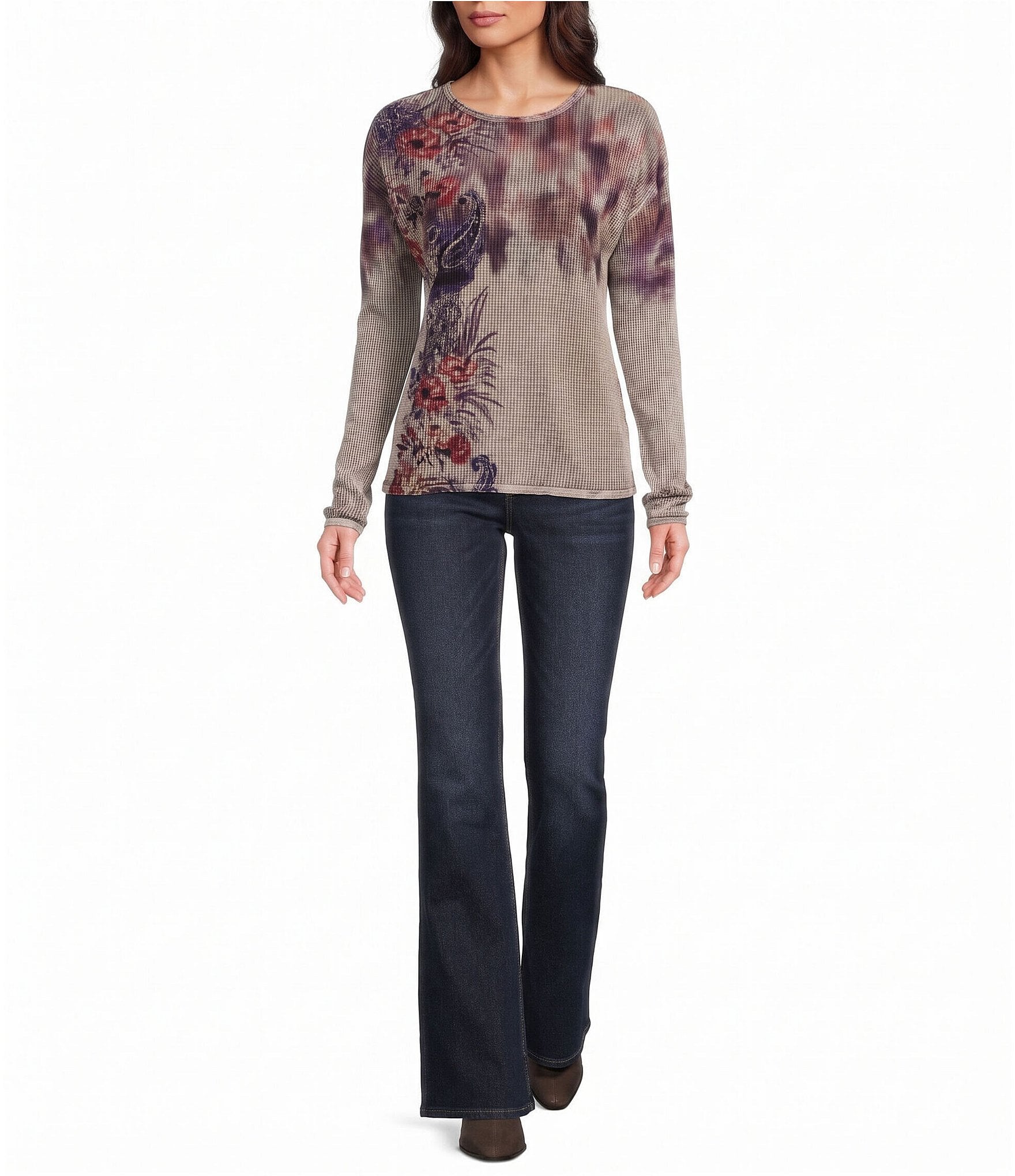 Leo & Nicole Waffle Knit Floral Printed Crew Neck Long Sleeve Top