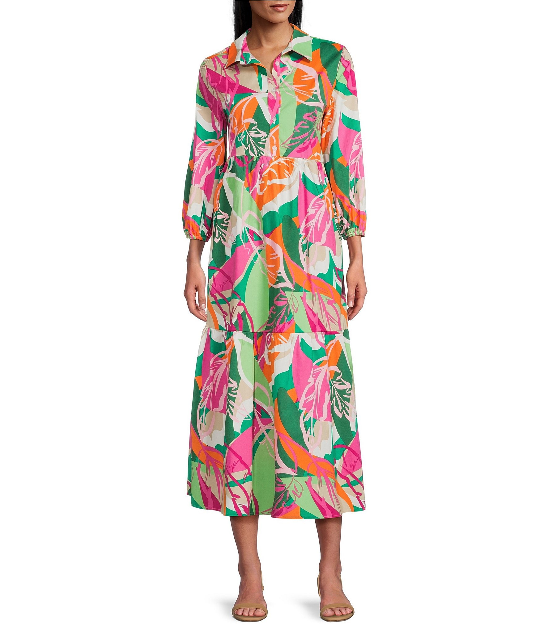 Leslie Fay 3/4 Sleeve Floral Print Shirt Dress