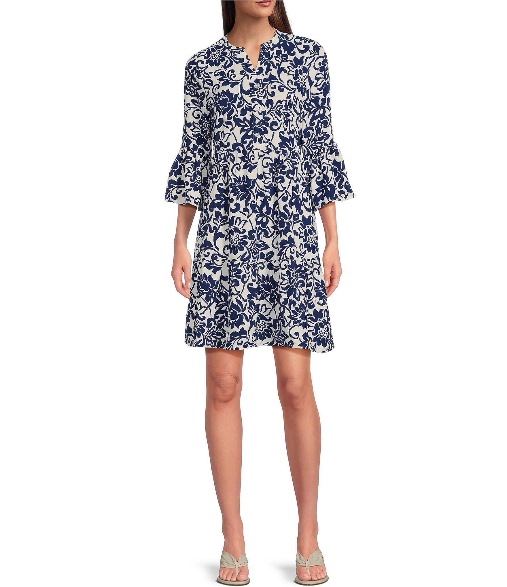 Leslie Fay 3/4 Sleeve Split V-Neck Printed A-Line Dress | Dillard's