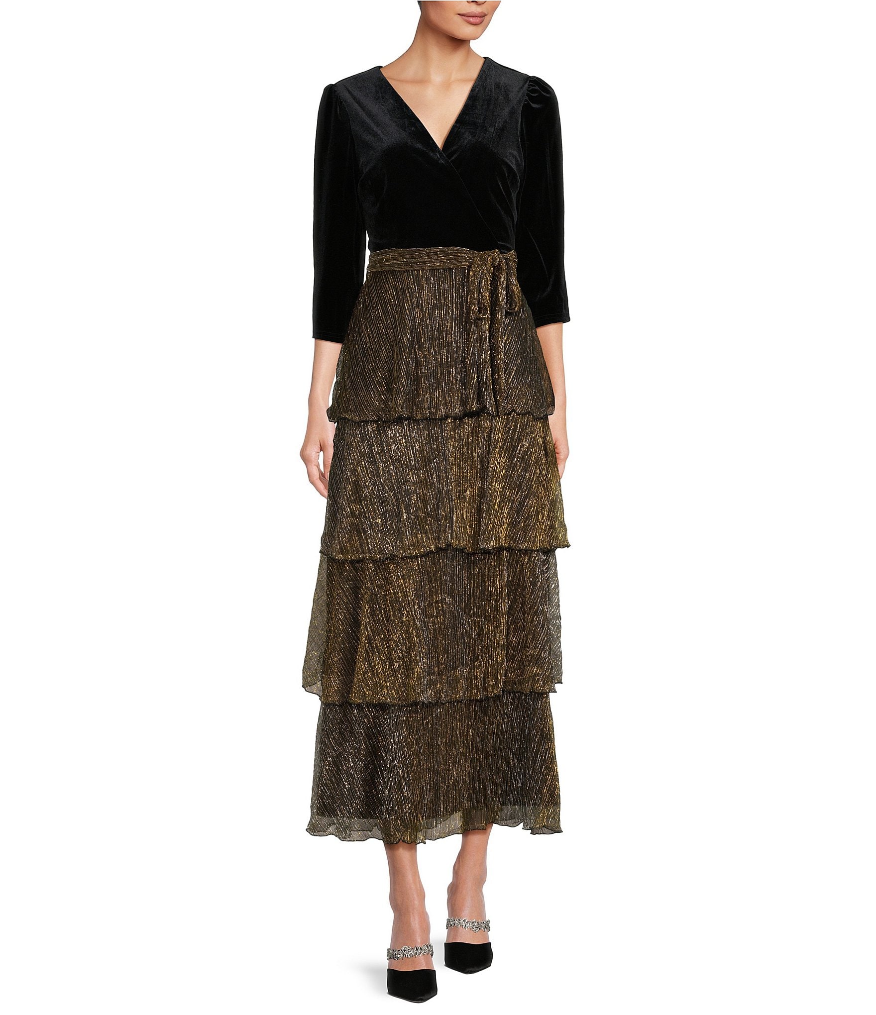 Leslie Fay Velvet 3/4 Sleeve V-Neck Tiered Long Dress | Dillard's